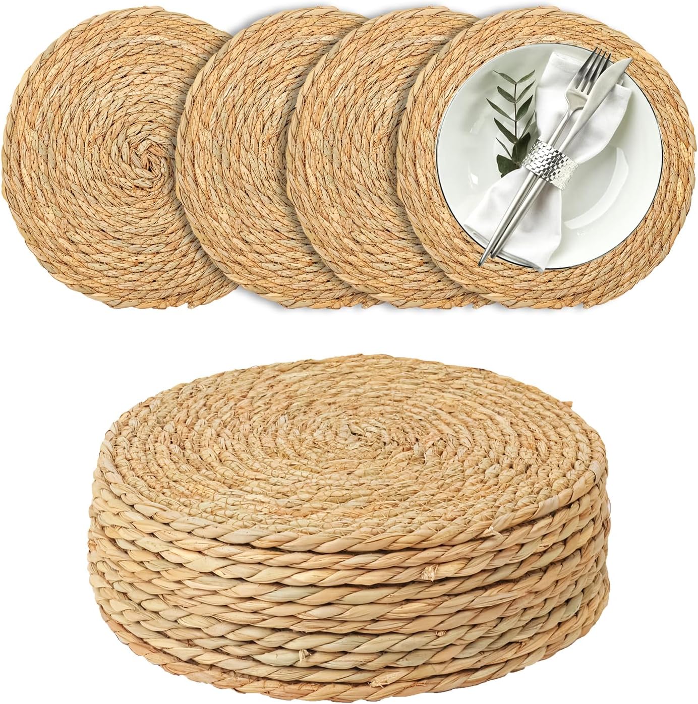 14 PCS Round Woven Placemats, 12 Inches Natural Hand-Woven Boho Placemats, Bulrush Place mats for Home Dining Table, Farmhouse