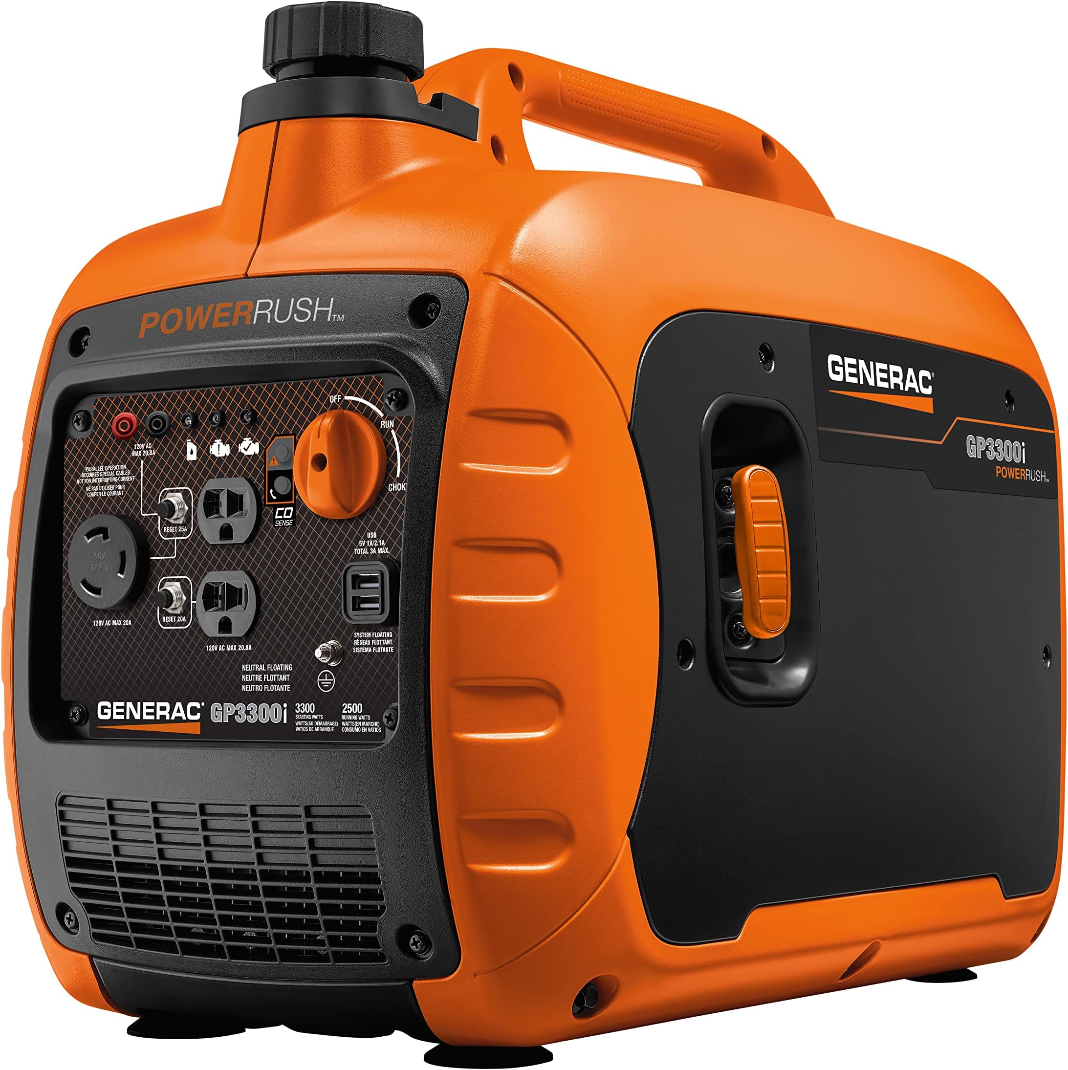Generac7153 GP3300i 3,300-Watt Gas-Powered Portable Inverter Generator - Lightweight Design - USB Ports for Mobile Device Charging - COsense Technology - CARB Compliant, Orange/Black