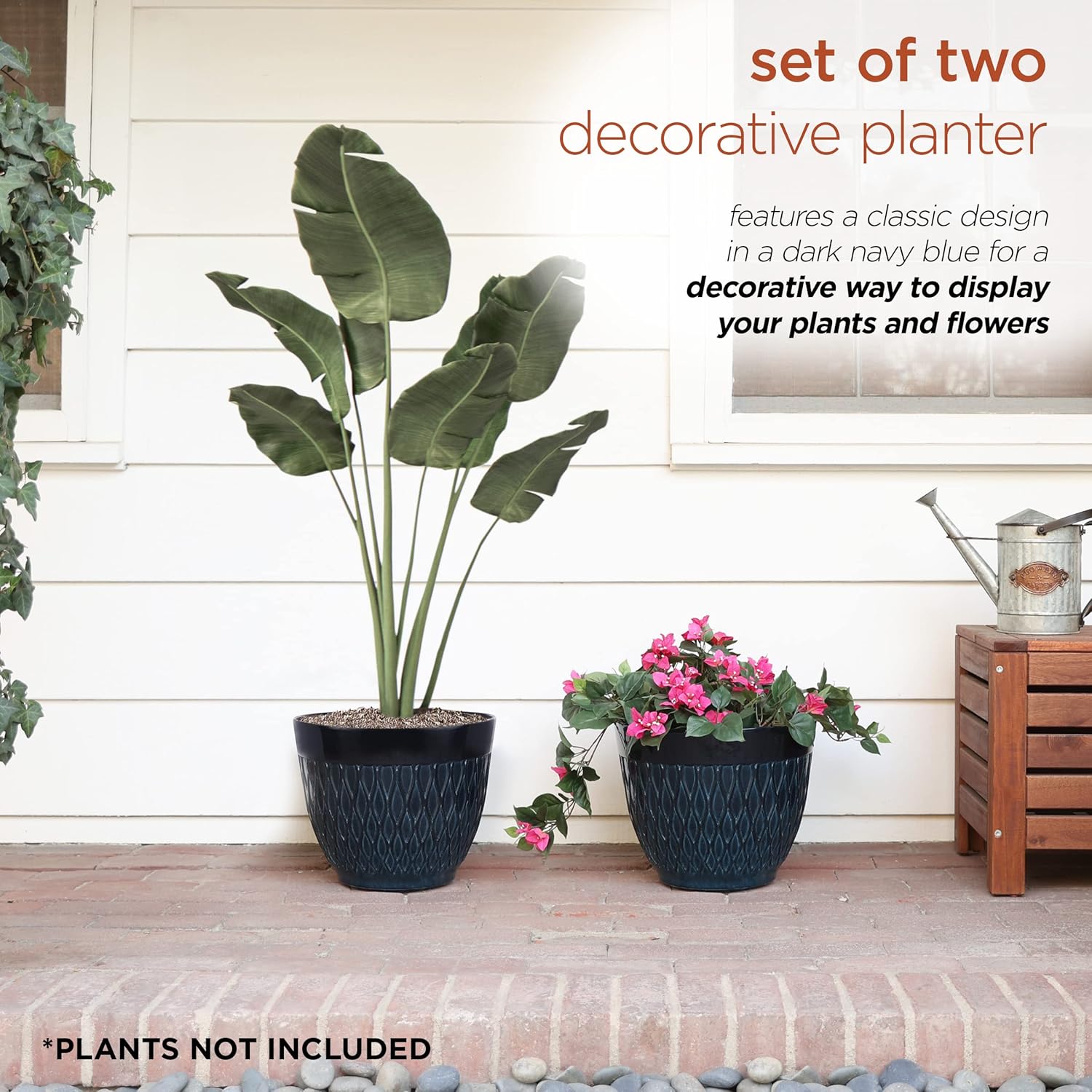 Alpine Corporation CLL404BL-2 Indoor Outdoor Stone Look Planters with Drainage Holes, Blue, Set of 2