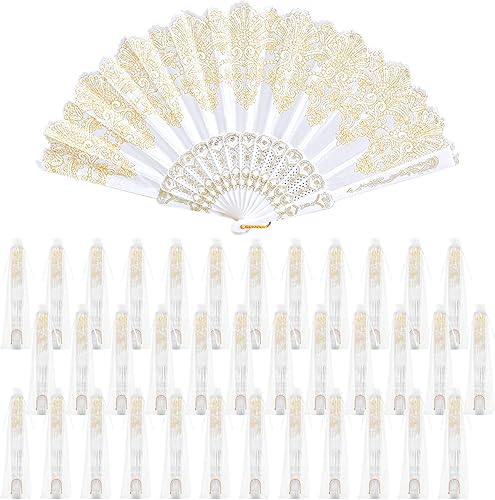 Geelin 50 Abanicos Plegables de Encaje Hechos a Mano al Por Mayor para Mujeres con Bolsa de Organza, Abanico Europeo Retro de Encaje Plegable Hecho