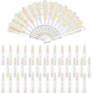 Geelin 50 Pcs Hand Lace Foldable Fans Bulk for Women with Organza Bag Lace Folded Hand European Retro Fan Bridal Dancing Prop Wedding Party Favors for Dancing Tea Party(Fresh Style,White)