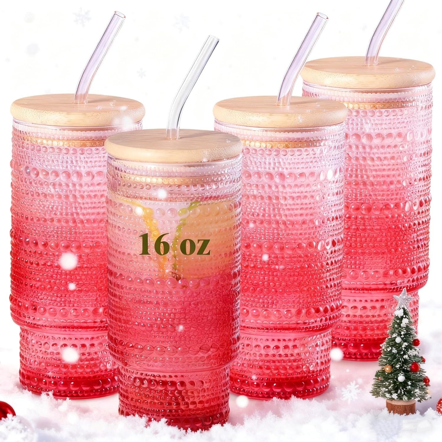 4pcs Glass Cups with Lids and Straws, 16 oz Iced Coffee Cups with Lids for Matcha Latte Juice, Christmas Gifts for Women, Gradual Red