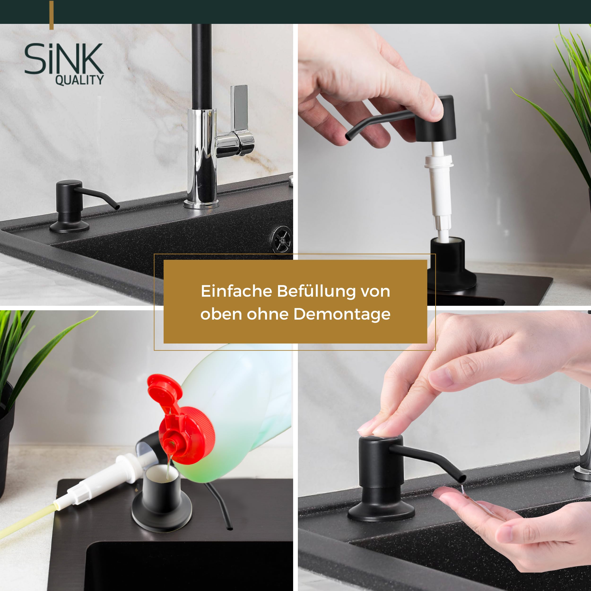 Sink Quality - Dispenser di sapone da incasso bianco - 320 ml in PVC robusto - Dispenser per detersivo da incasso per lavello, antiruggine, ricaricabile dall'alto, pompa girevole a 360°, dispenser per