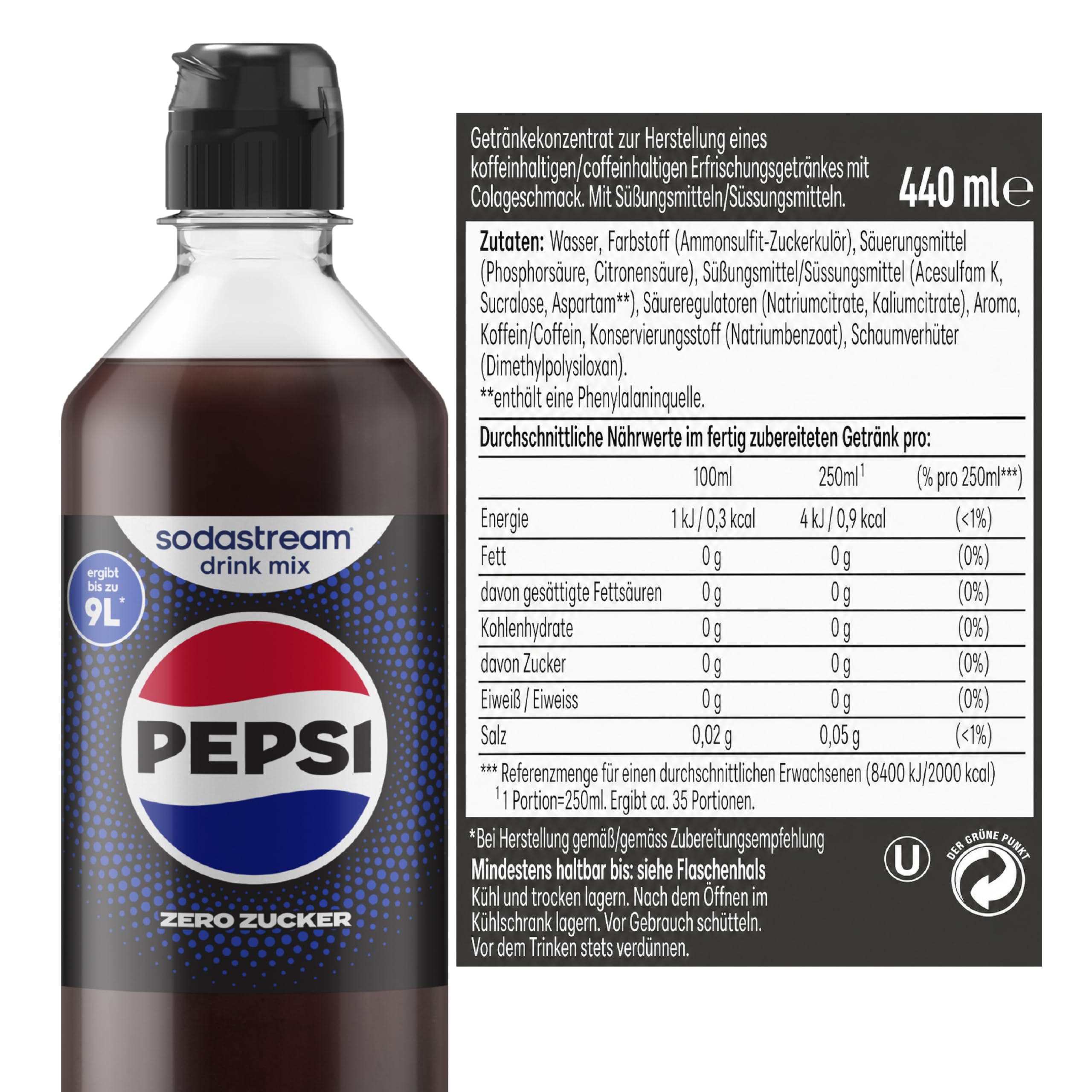 Sodastream drink mix Pepsi Zero Zucker, 4er-Pack Cola Sirup für Wassersprudler, Getränkesirup zuckerfrei, mit echtem Pepsi Geschmack, 4 x 440 ml