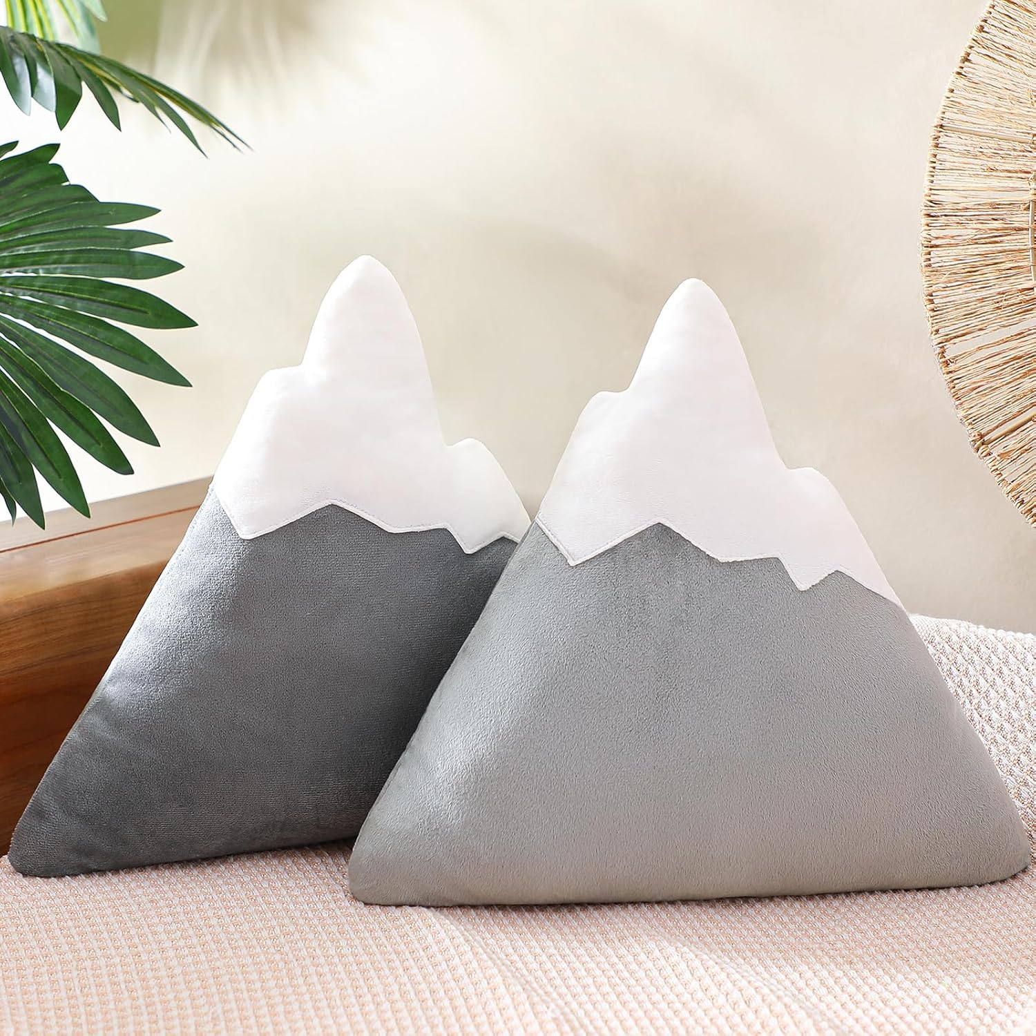 Threehoney 2 Pcs Mountain Shaped Decorative Pillow Plush 15.75 x 15.35 in Cute Nursery Playroom Decorative Pillow Grey and White Kawaii Gift Toy for Girls Boy Kids