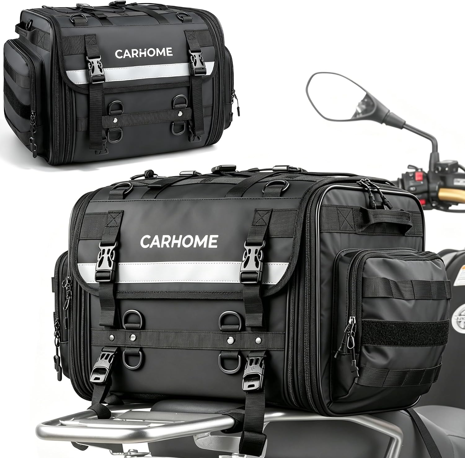 Motorcycle Tail Bag, 40L-60L Expandable Motorcycle Travel Luggage, Waterproof All-Weather Rear Seat Bag with Sissy Bar Straps & Rain Cover, Universal Trunk Rack Bag - Black