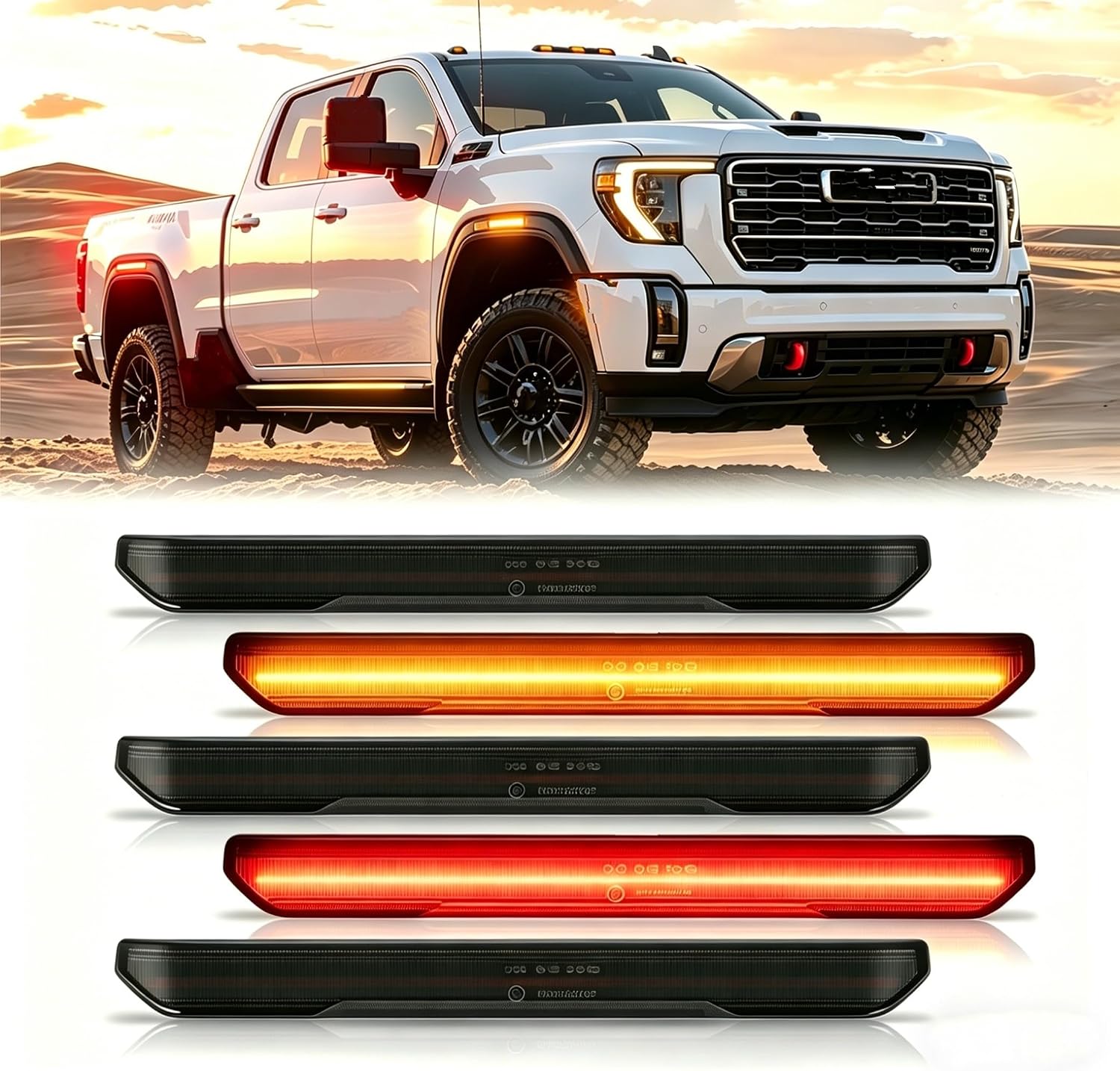 LED Side Marker Lights Kit, Smoked Lens, Amber Front & Red Rear, Compatible with 2020-2025 GMC Sierra 2500HD 3500HD, 4 Pieces, OEM Replacement