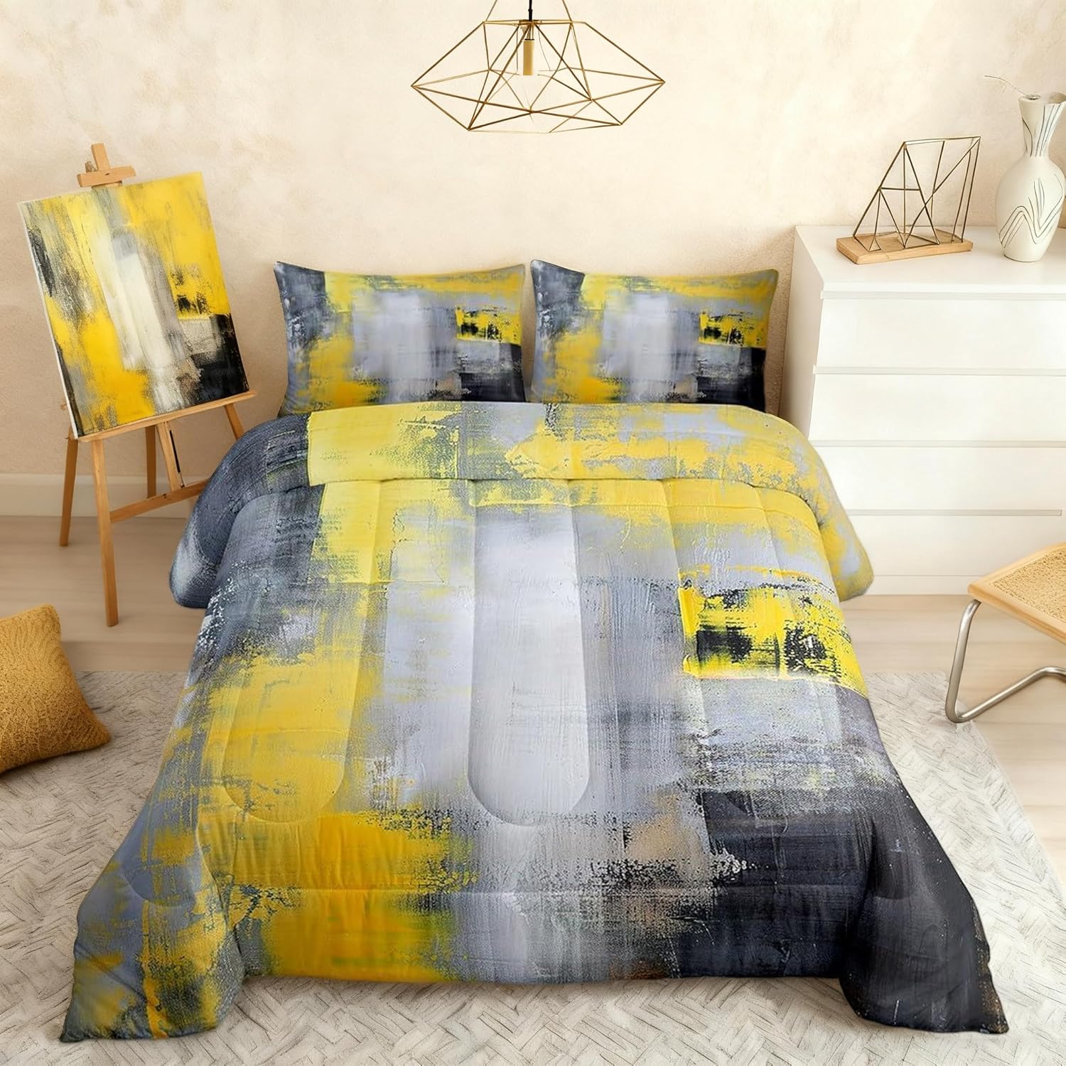 Homewish Modern Abstract Art Comforter Set Queen Size,Yellow and Black Ombre Bedding Set for Kids Boys Girls Bedroom Decoration,Retro Graffiti Bed Duvet Insert,Painting Comforter with 2 Pillowcase