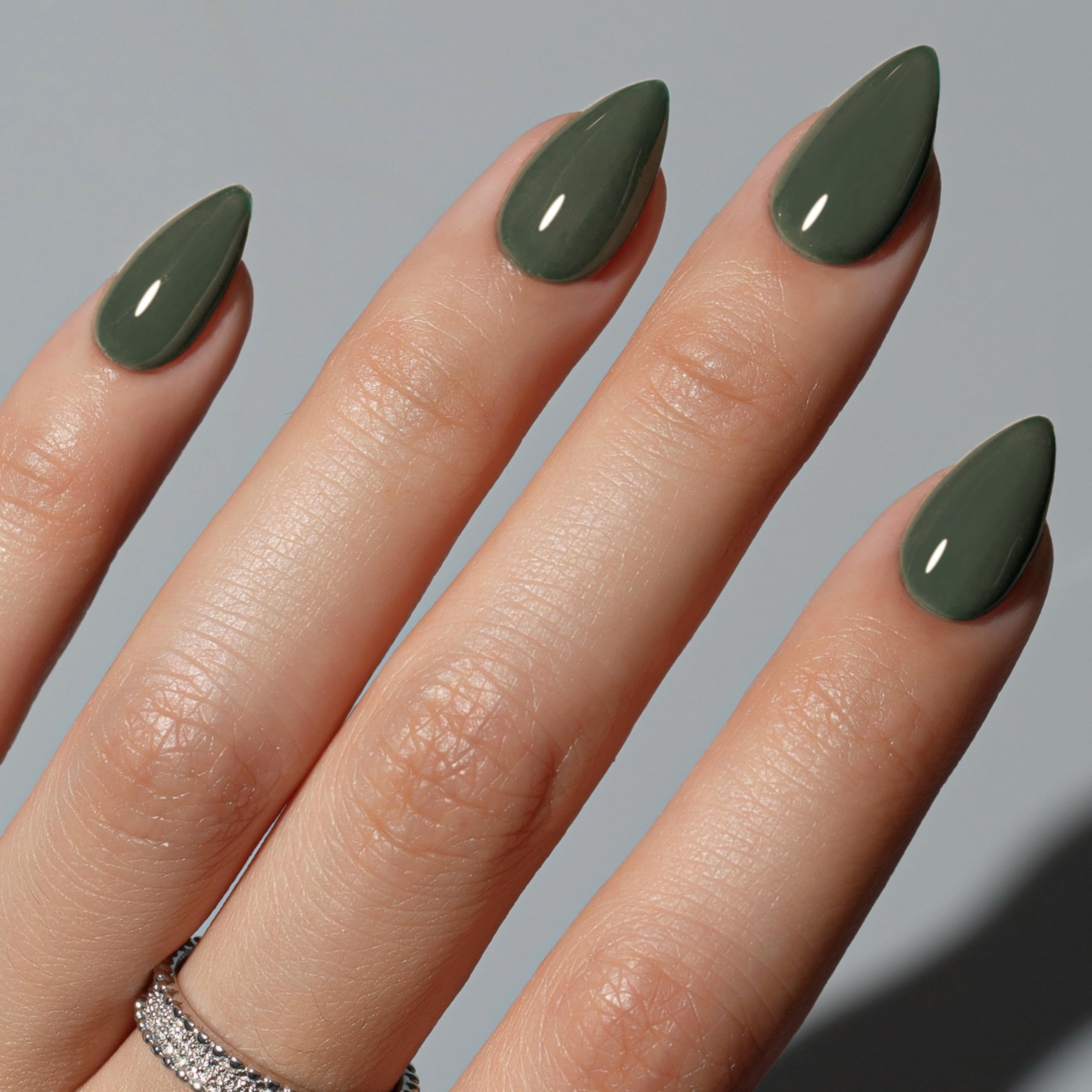 KQueenest Olive Green Press on Nails Short Almond, Short False Nails Press ons, Sheer Moss Green Fake Nails Medium Stiletto