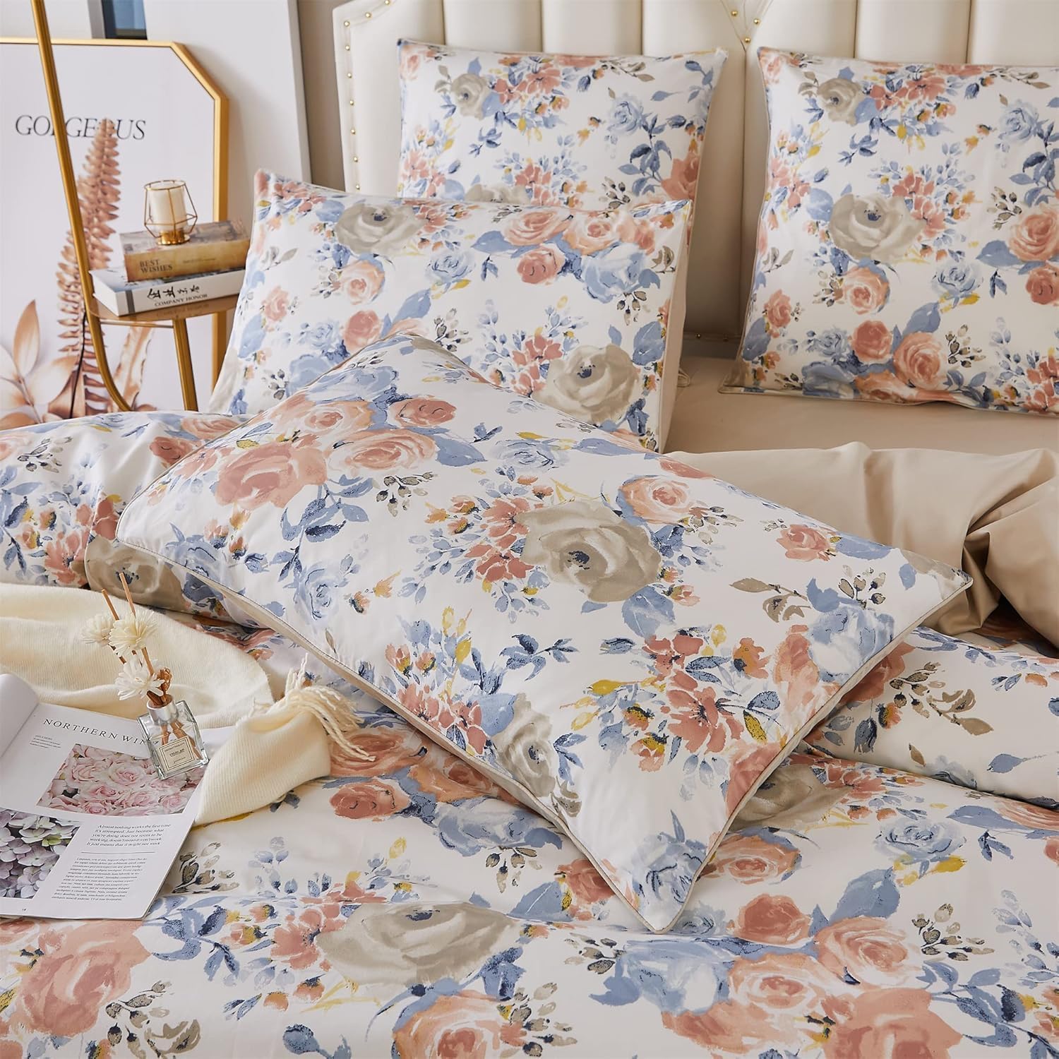 ABREEZE Shabby Floral Duvet Cover Set Cotton Farmhouse Bedding Set Vintage Rose Comforter Cover with Hidden Button Closure 3 Pieces, 1duvet Cover & 2pillowcases,King Size