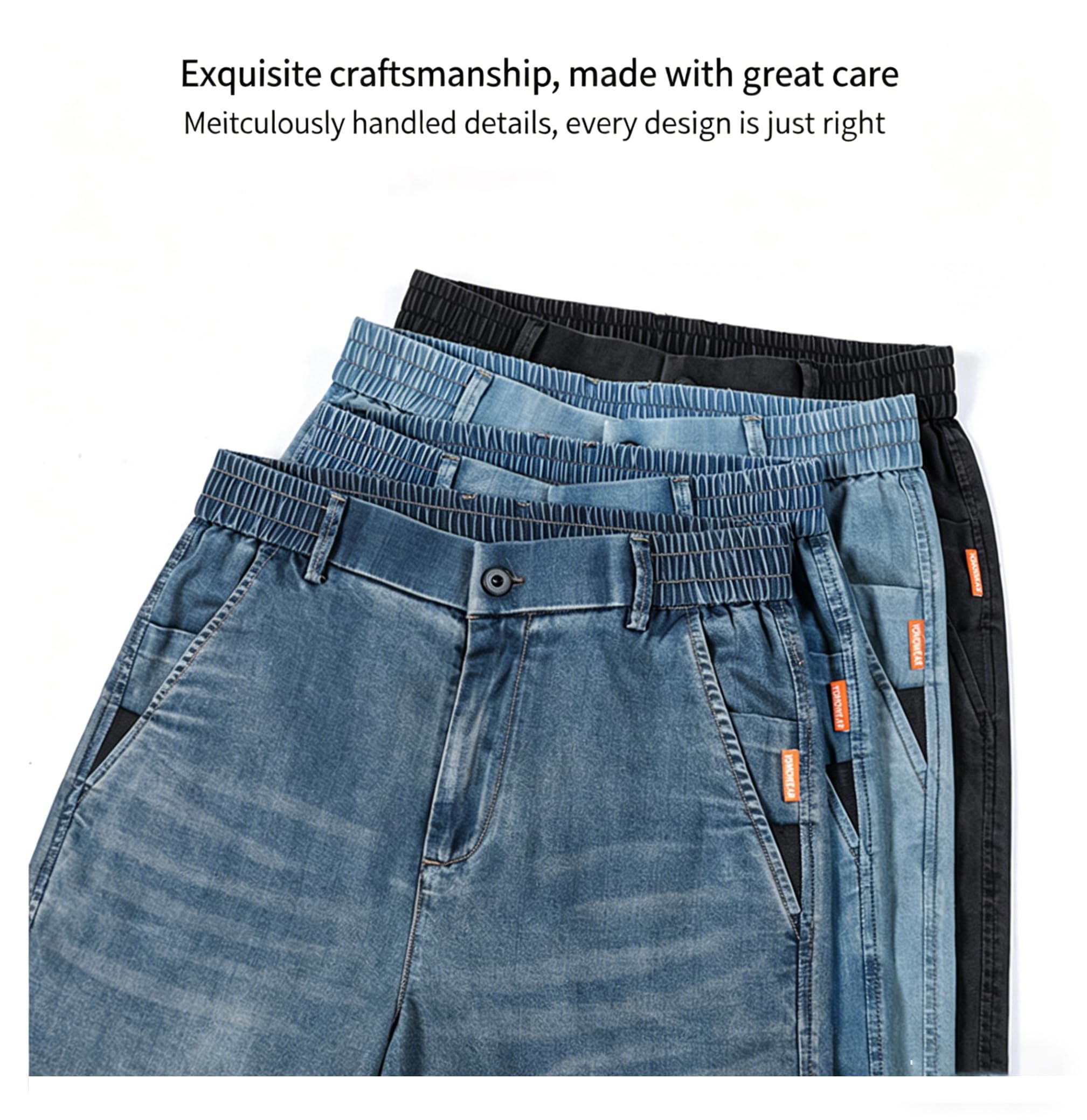 Letnie męskie cienkie dżinsy Tencel Luźne drapowane szerokie nogawki spodnie do lodów z elastyczną talią z wieloma kieszeniami, czarny, 3XL