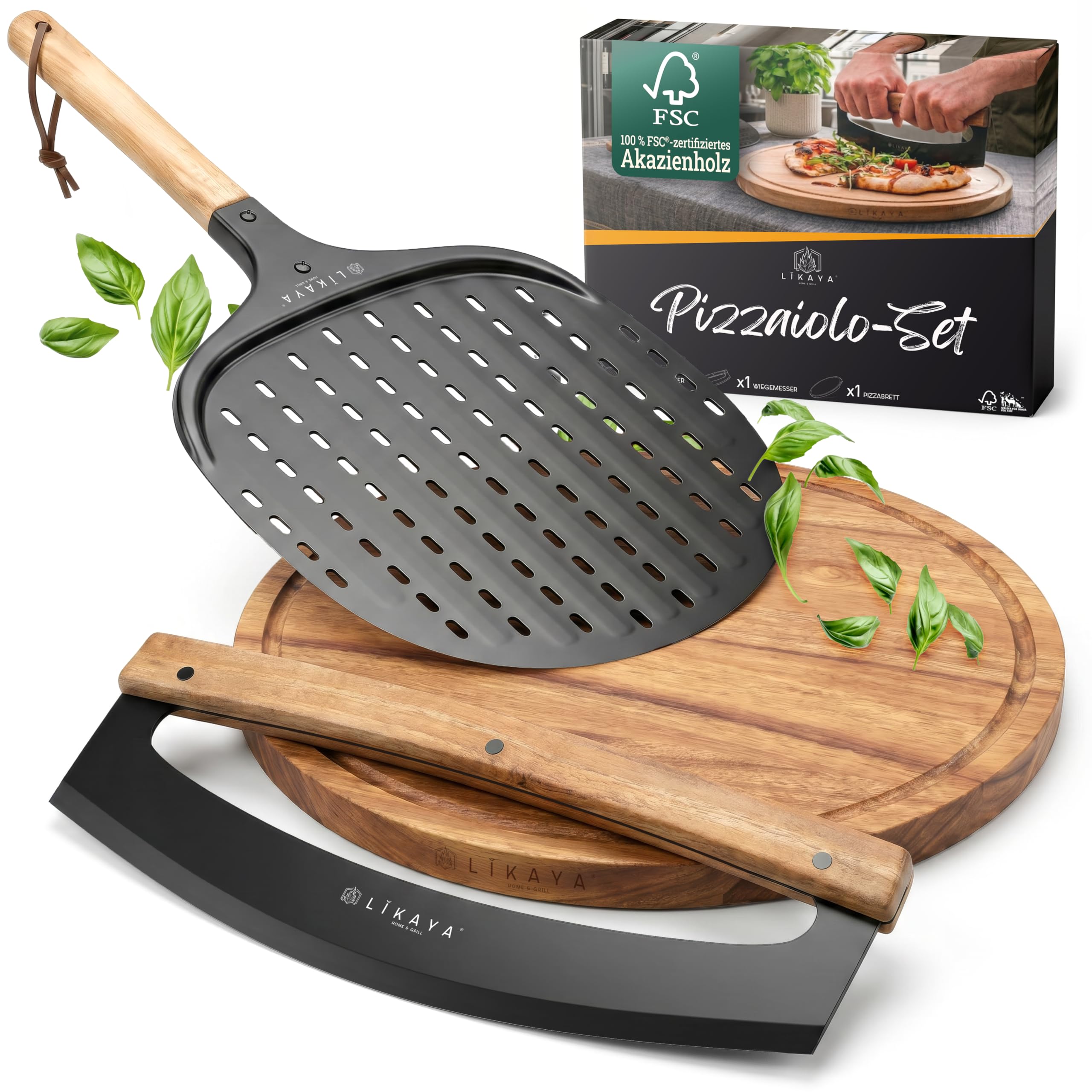 LIKAYA Pizzaiolo Set d'accessoires à pizza professionnel avec pelle à pizza 32 x 62 cm, planche à pizza 35 cm et couteau à pizza 36 cm – Pelle à pizza, couteau à pizza et planche à pizza en bois