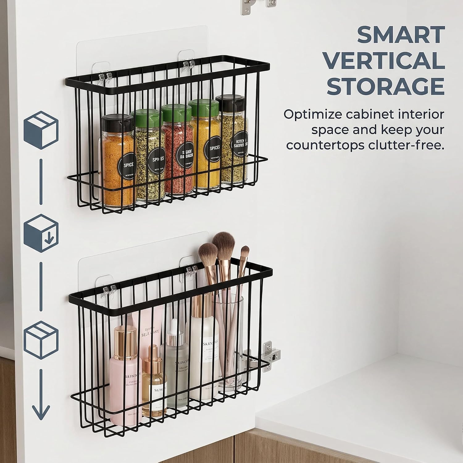 2 Pack Adhesive Cabinet Door Organizer, No Drilling Required, Hanging Storage Basket Organizer Wall Mounted Pantry, for Kitchen, Fridge, Bathroom (Black)