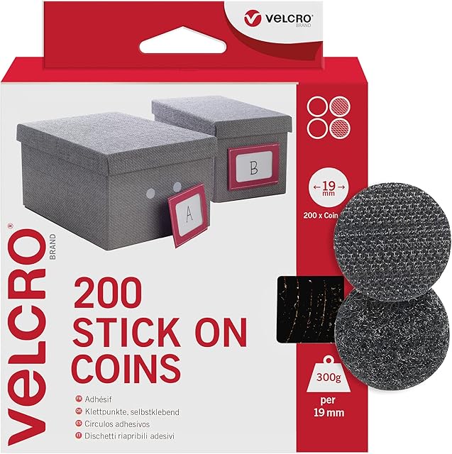 VELCRO Brand | Stick On Coins | Double Sided Hook & Loop Self Adhesive Sticky Coins Perfect for Room Décor & Home, Office, Garage Use | Black | 19mm x 19mm | Pack of 200
