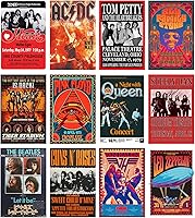 Woonkit Vintage Rock Band Posters Set of 12 - 70s 80s 90s Retro Concert Prints for Room Aesthetic, Bedroom Wall Decor 7.8x11.8 Inch
