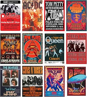 Woonkit Vintage Rock Band Posters Set of 12 - 70s 80s 90s Retro Concert Prints for Room Aesthetic, Bedroom Wall Decor 7.8x11.8 Inch