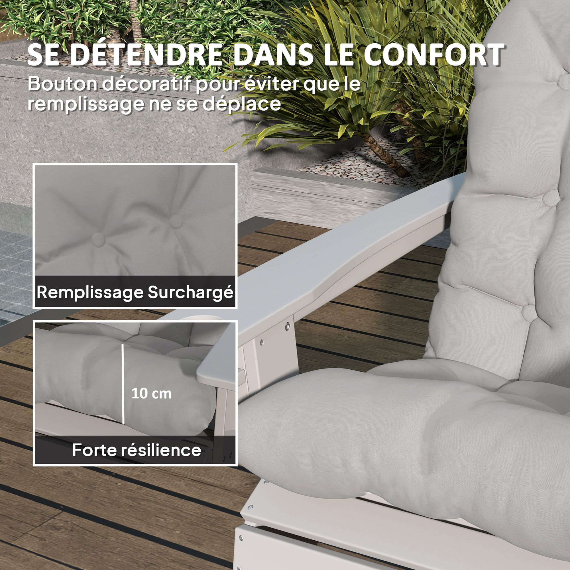 Outsunny Lot de 2 Coussins de Siège pour Chaise Adirondack avec Attaches Sécurisées, Coussin de Chaise Adirondack Design Capitonné, Coussin de Chaise à Aossier Haut Doux et Épais, Gris Clair