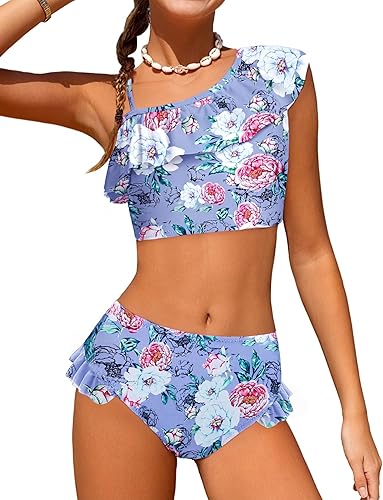 Arshiner Traje de baño de dos piezas para niñas con volantes y ondas estampado, conjunto de bikini, traje de baño para niña con almohadilla para el