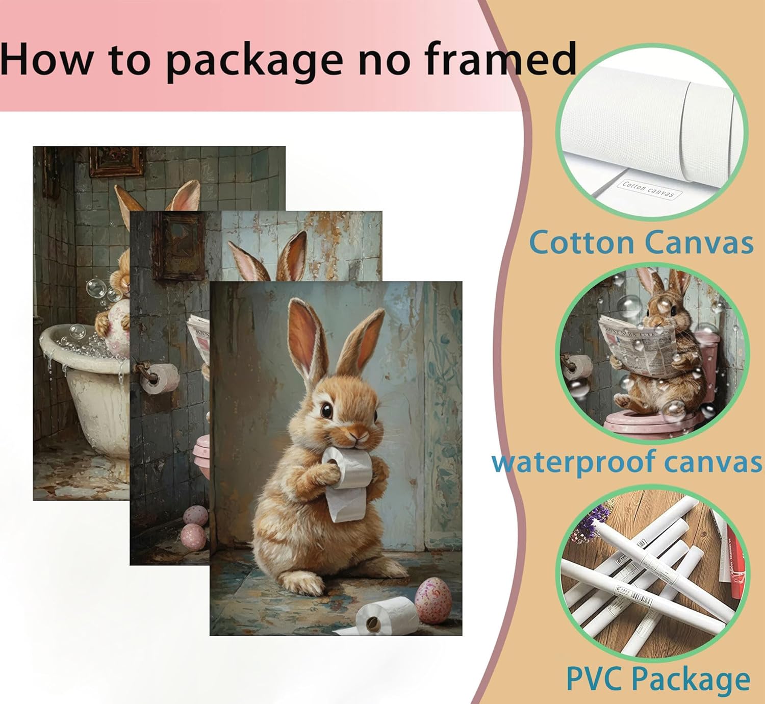 3pcs Retro Funny Bathroom Bunny Canvas Wall Art Easter Rabbit Egg Poster Prints Paintings Humorous Bathroom Animal Wall Decor Pictures for Toilet Washroom Wc Decoration Unframed