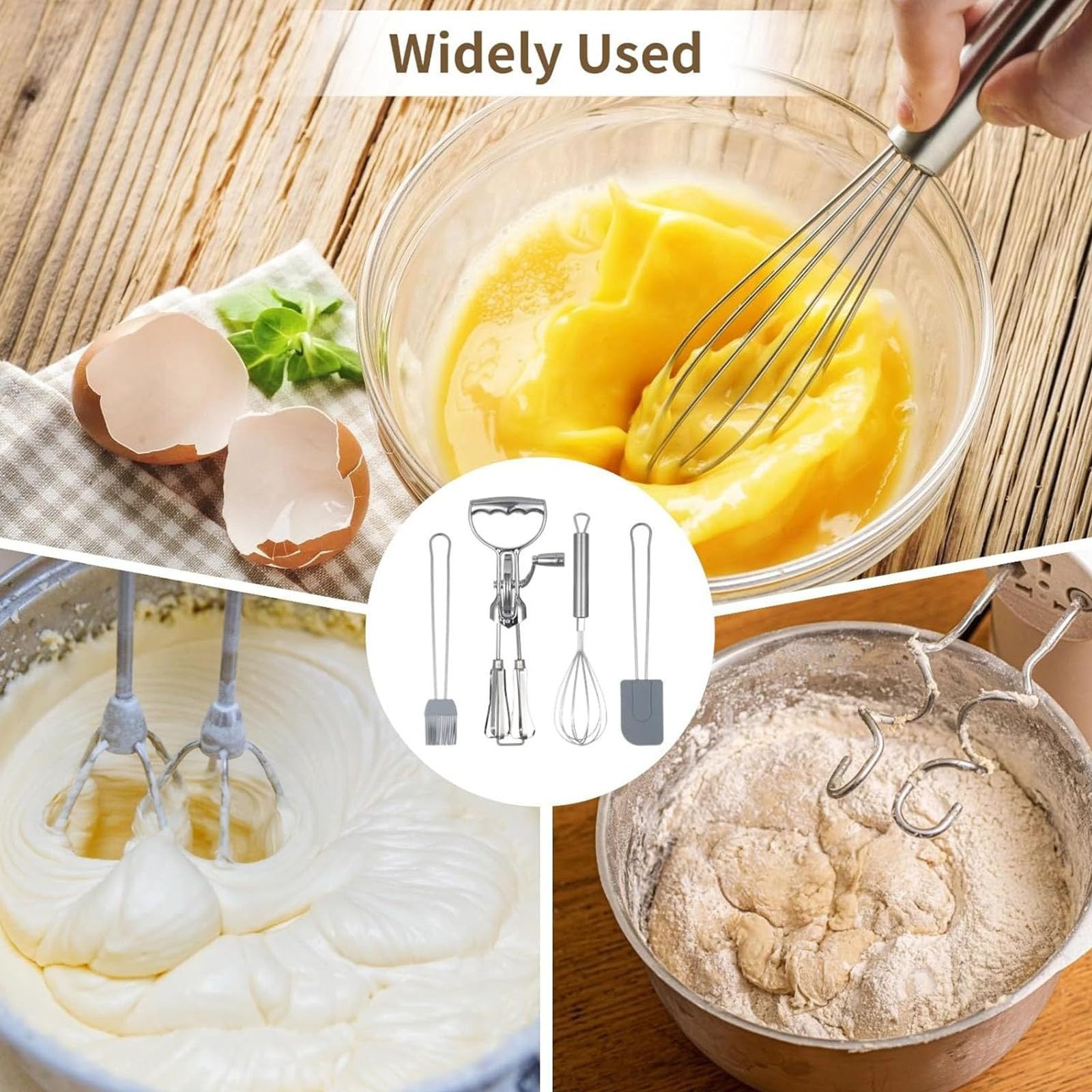 Fruste per uova rotanti con testa, collezione 4, con accessori in silicone, per mescolare senza sforzo fruste in acciaio antiruggine, set da cucina essenziale