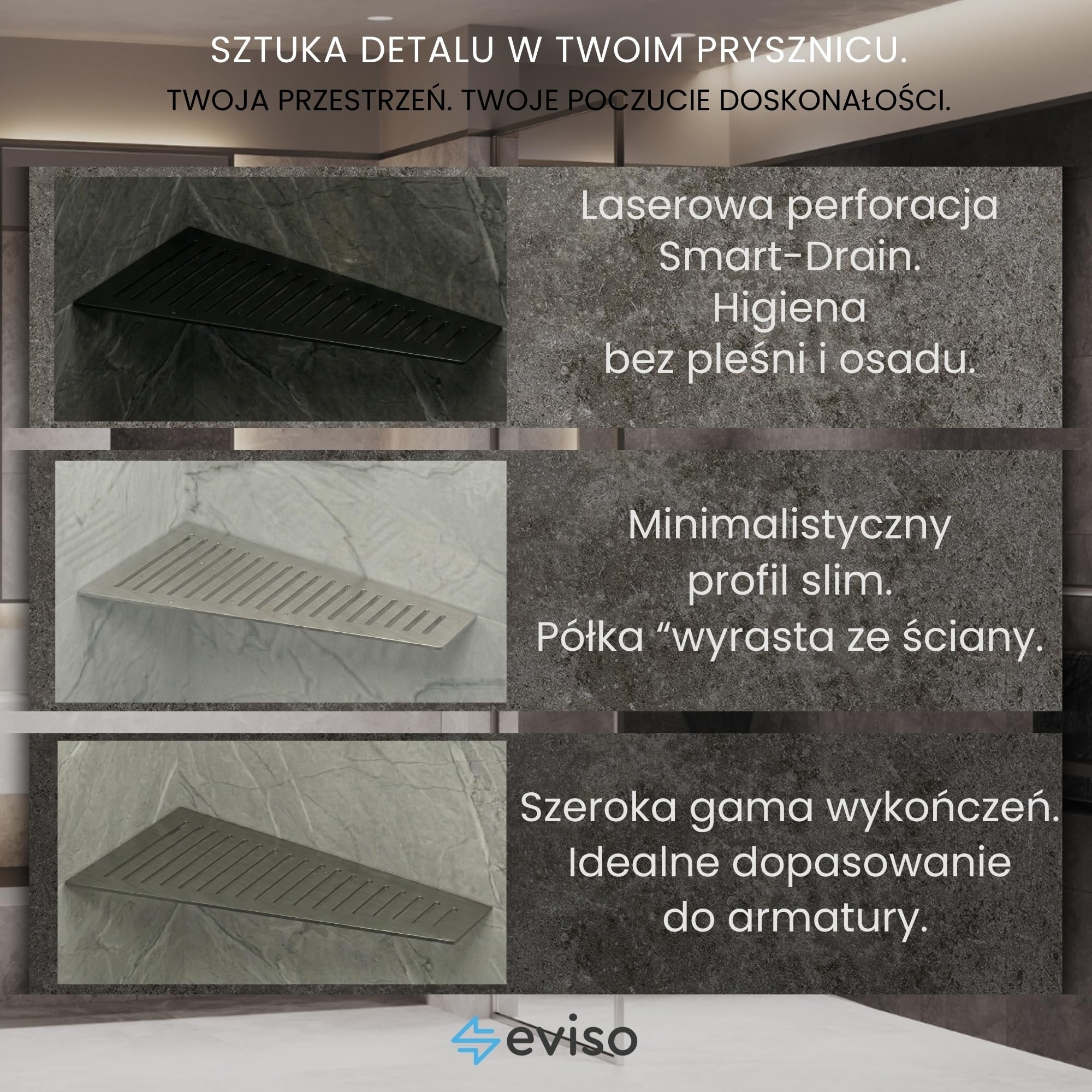 Eviso Narożna Półka Prysznicowa Fugowa Trapez, Stal Nierdzewna AISI 304, Bezinwazyjny Montaż Bez Wiercenia, Odporna na Korozję i Wilgoć, Nowoczesna Półka Łazienkowa (Grafit Szczotkowany)