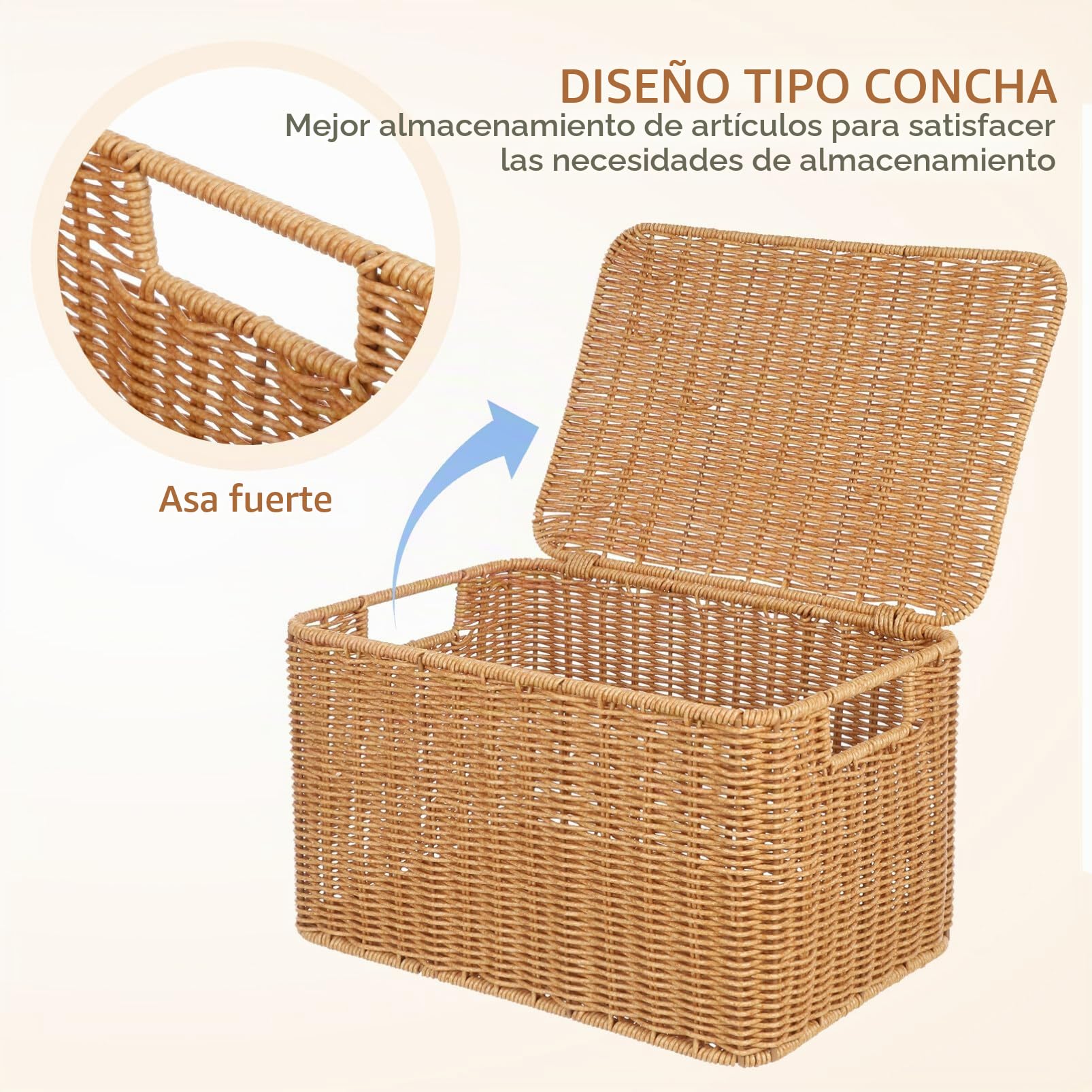 Luxshiny Caja de Almacenamiento Tejida Marrón con Tapa, Cubo de Pp E Hierro | Grande Capacidad, Diseño de Textura Trenzada, Fácil de Limpiar y Acabado Bien Hecho