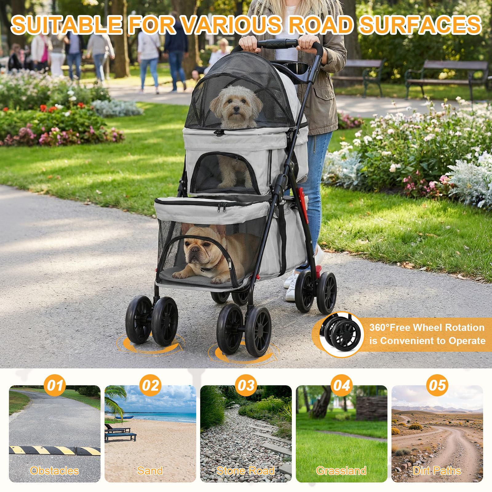 Passeggino per animali domestici a doppio strato per cani e gatti di piccola e media taglia, 3 in 1, pieghevole, passeggino da viaggio leggero, 100 cm x 73 cm x 49 cm (grigio)