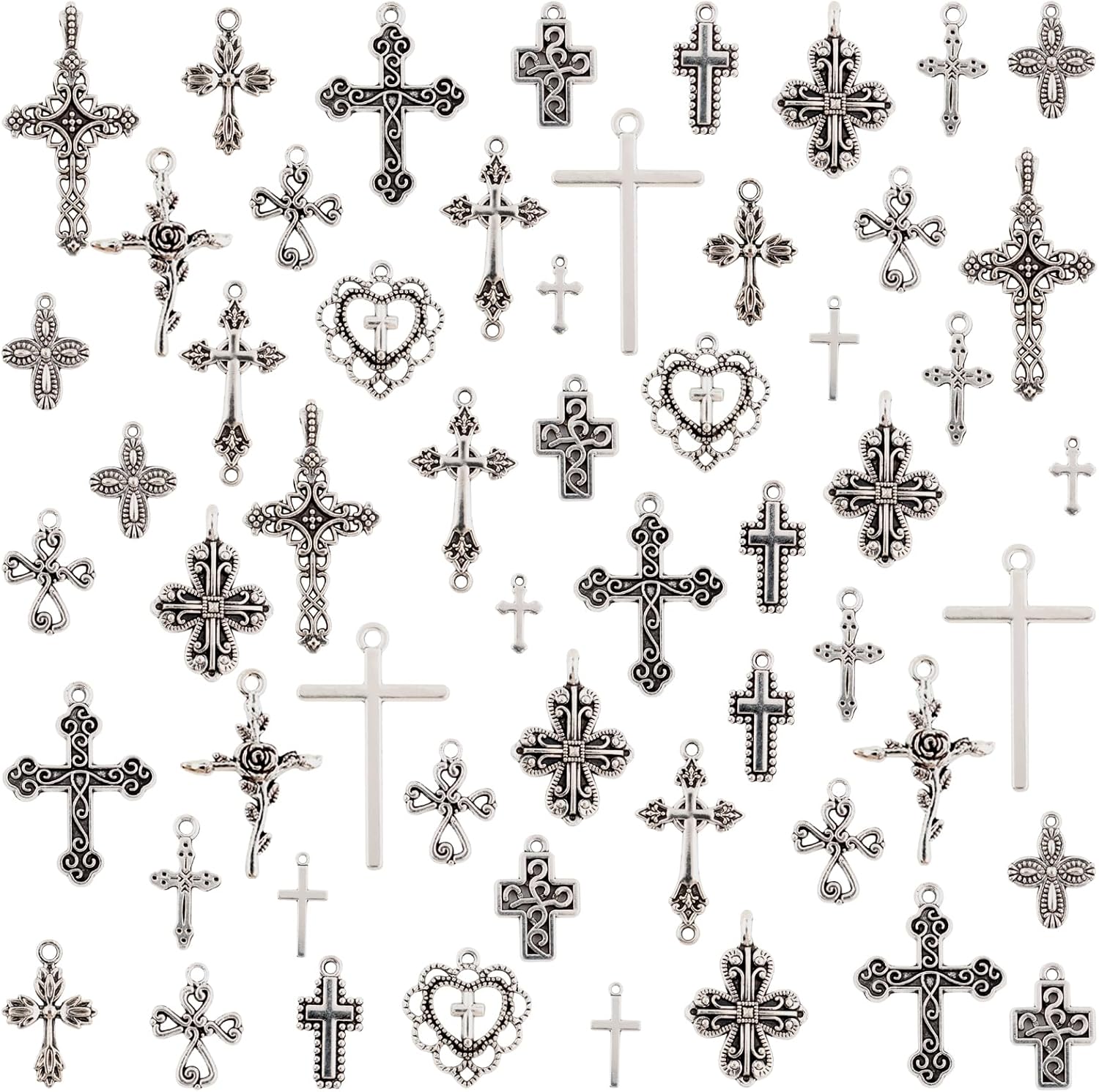 PineHaven 60 Pcs Cross Charms Alloy Crucifix Pendant Assortment, Antique Silver Christian Cross Pendants for Halloween DIY Necklace Bracelet Jewelry Making Finding