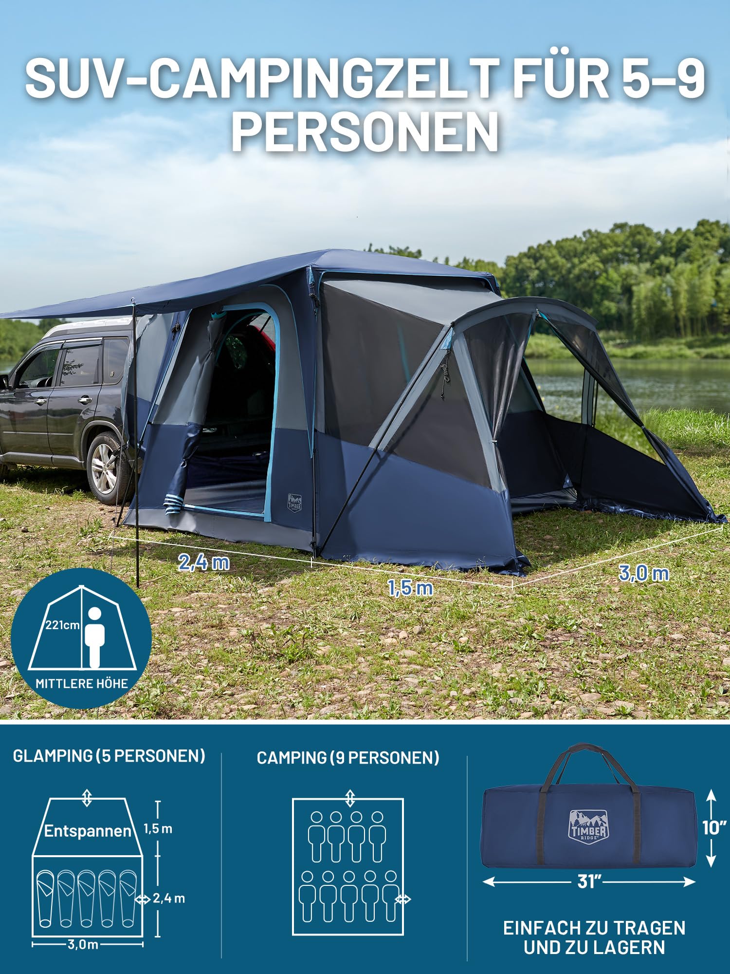 Timber Ridge Heckzelt Auto 5 Personen mit Sonnensegel Autozelt Heckklappe | 397cmx305cmx220cm 3000 mm Wasserdicht Camping Zelt SUV mit Vorzelt für Wohnwagen Familie Reise