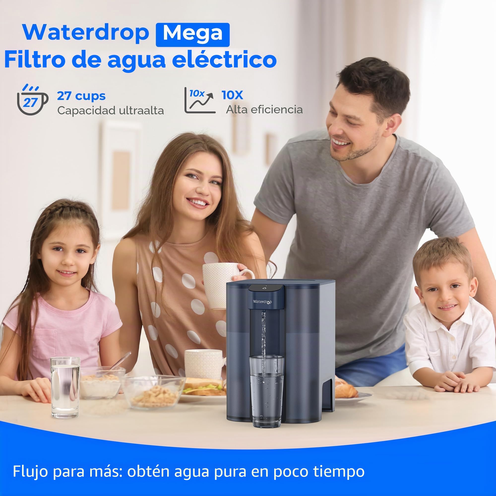 Waterdrop Mega Jarra Eléctrica con Filtro de Agua con Filtro de 3 Meses, Sistema de Filtro de Agua para Encimera de 6L, Reduce Cloro, Plomo, Mercurio, Reduce PFAS, PFOA/PFOS, 757 Litros, Azul