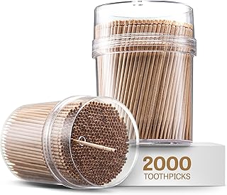 Prestee 2000 Count Wooden Toothpicks + Reusable Storage Container | Sturdy Smooth Bamboo Tooth Picks Kitchen Cocktail Picks Wood Toothpicks Appetizers