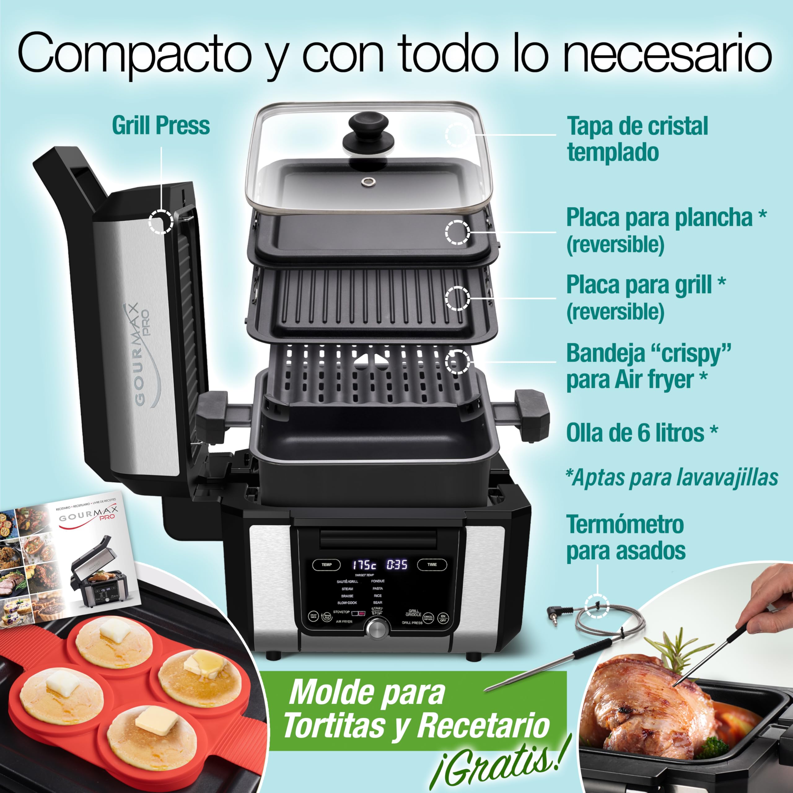 GOURMAX PRO Multifunción: Air Fryer + Horno + Plancha + Parrilla + Grill-Press + Olla 5.6L + Tapa vidrio. 2 zonas XXL independientes, 2 recetas a la vez: 16 Menús. Recetario. Ahorra Energía