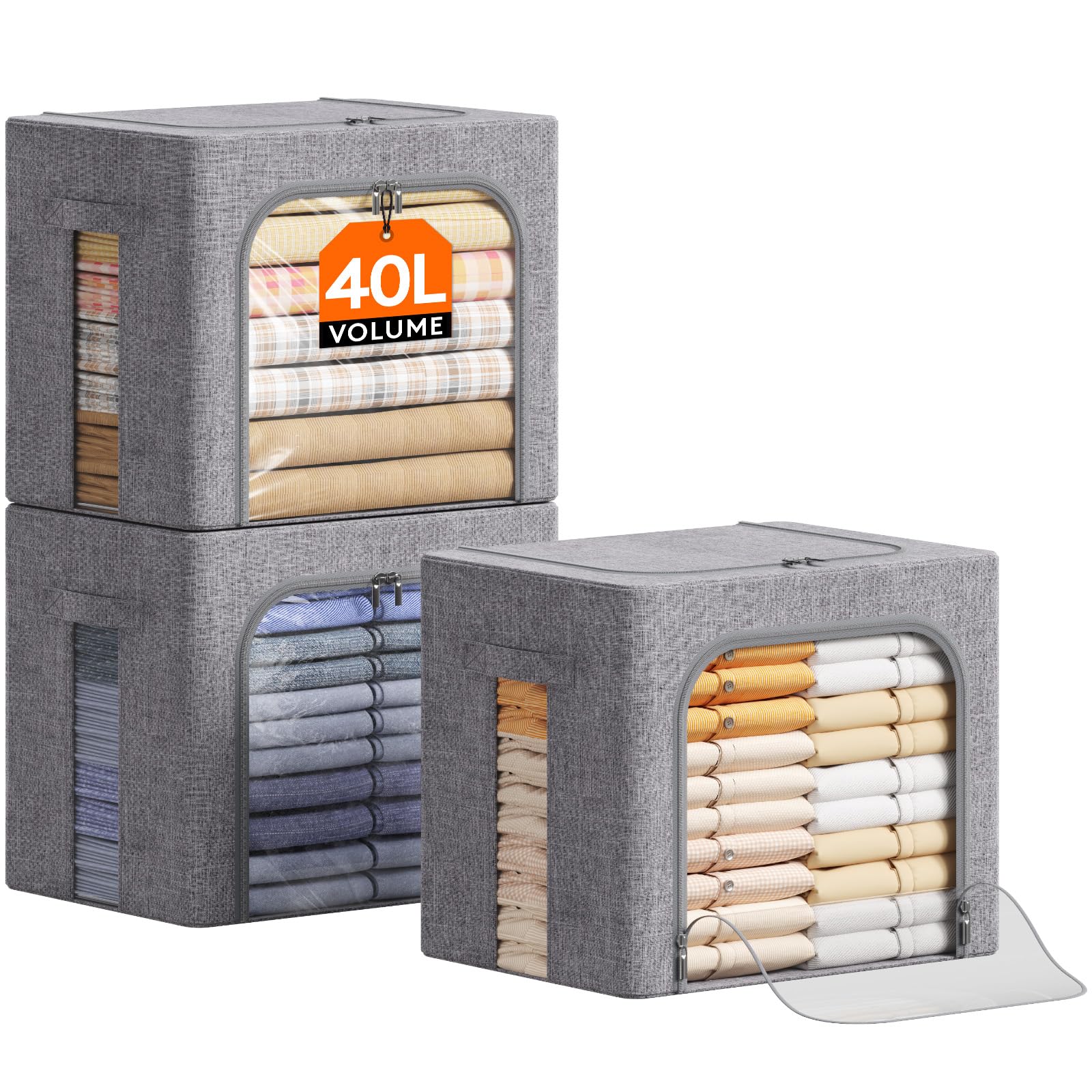 Lifewit Aufbewahrungsbox mit Deckel, Kleidung Aufbewahrung, Faltbare Kleideraufbewahrung mit Metallrahmen, Stoffbox mit Griffen & Fenster, Aufbewahrung Kleiderschrank