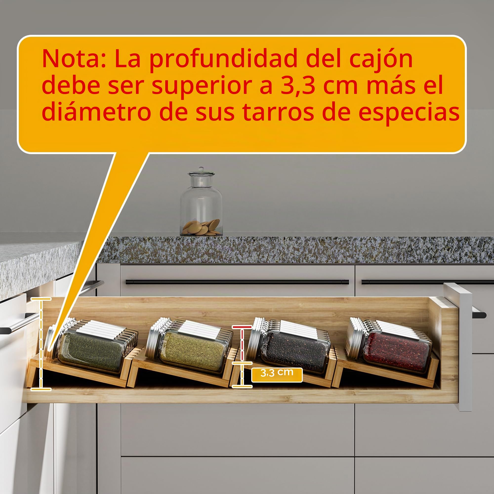Organizador de cajones de especias de bambú, paquete de 8 bandejas de 13 x 4.7 x 1.6 pulgadas, inserto de cajones de tarros de especias, organizador de condimentos