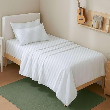 4 Piece Twin XL Sheet Set, Twin Extra Long Size White Stripe 100% Egyptian Cotton, 600-Thread-Count Cooling Bed Sheets, 15 Inch Deep Pocket of Fitted Sheet, Twin Long Bed Sheets for Dorm Bedding