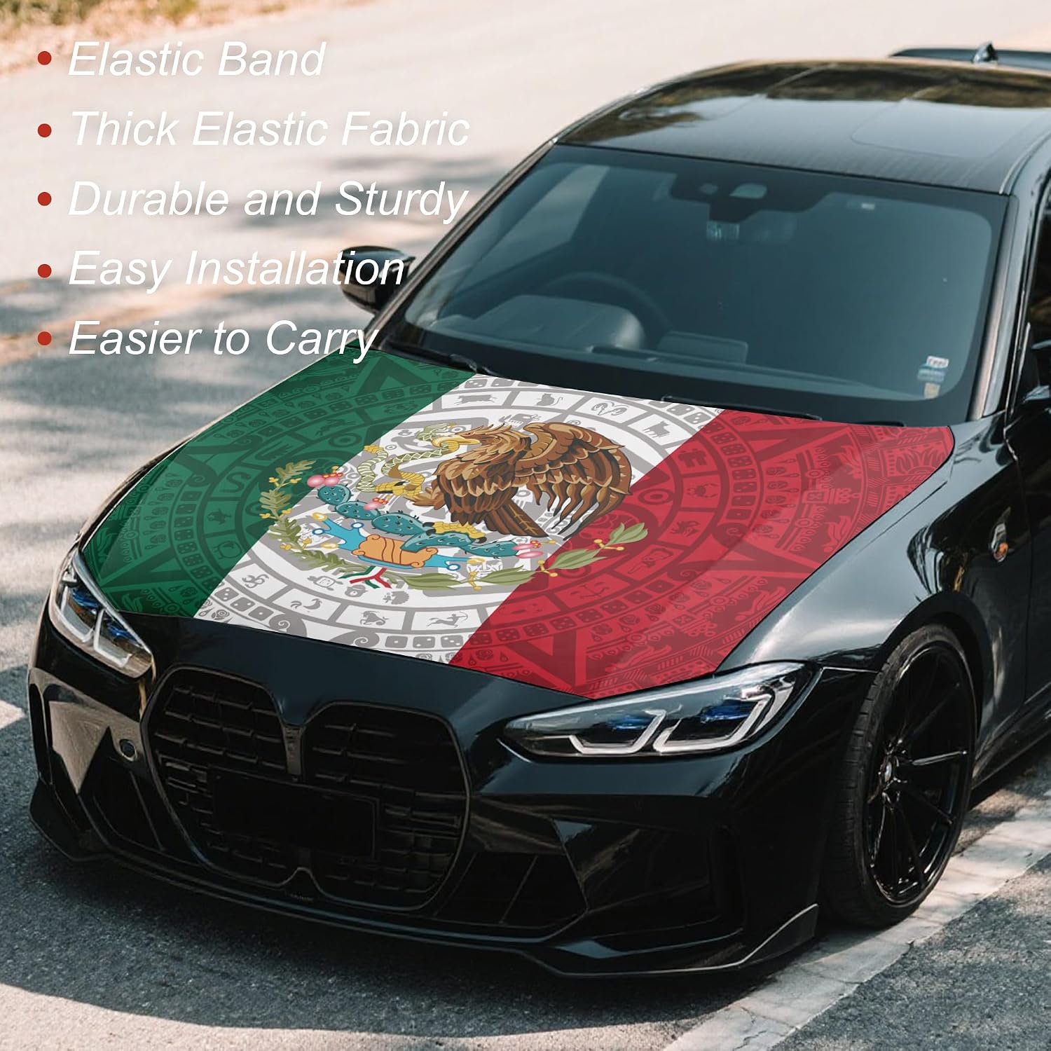 4x5ft Mexico Totem Car Hood Cover, Car Bonnet Banner, Universal Fit, Elastic Polyester, Stretchable, Patriotic Automotive Hood Covers, Mexicans Patriot Gifts