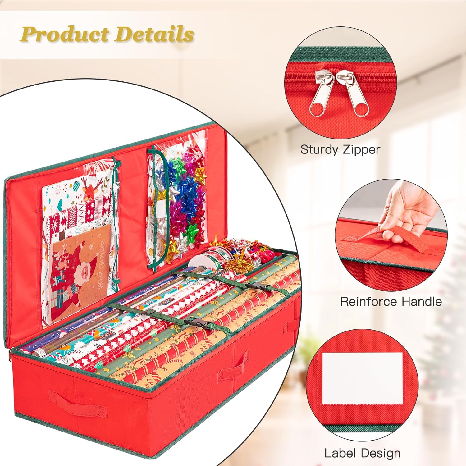 Criusia Gift Wrapping Paper Organizer Storage, Durable Underbed Storage Container Fits 24 Rolls, with Removable Dividers and Pockets for Ribbon, Ornaments, Holiday Accessories, Red