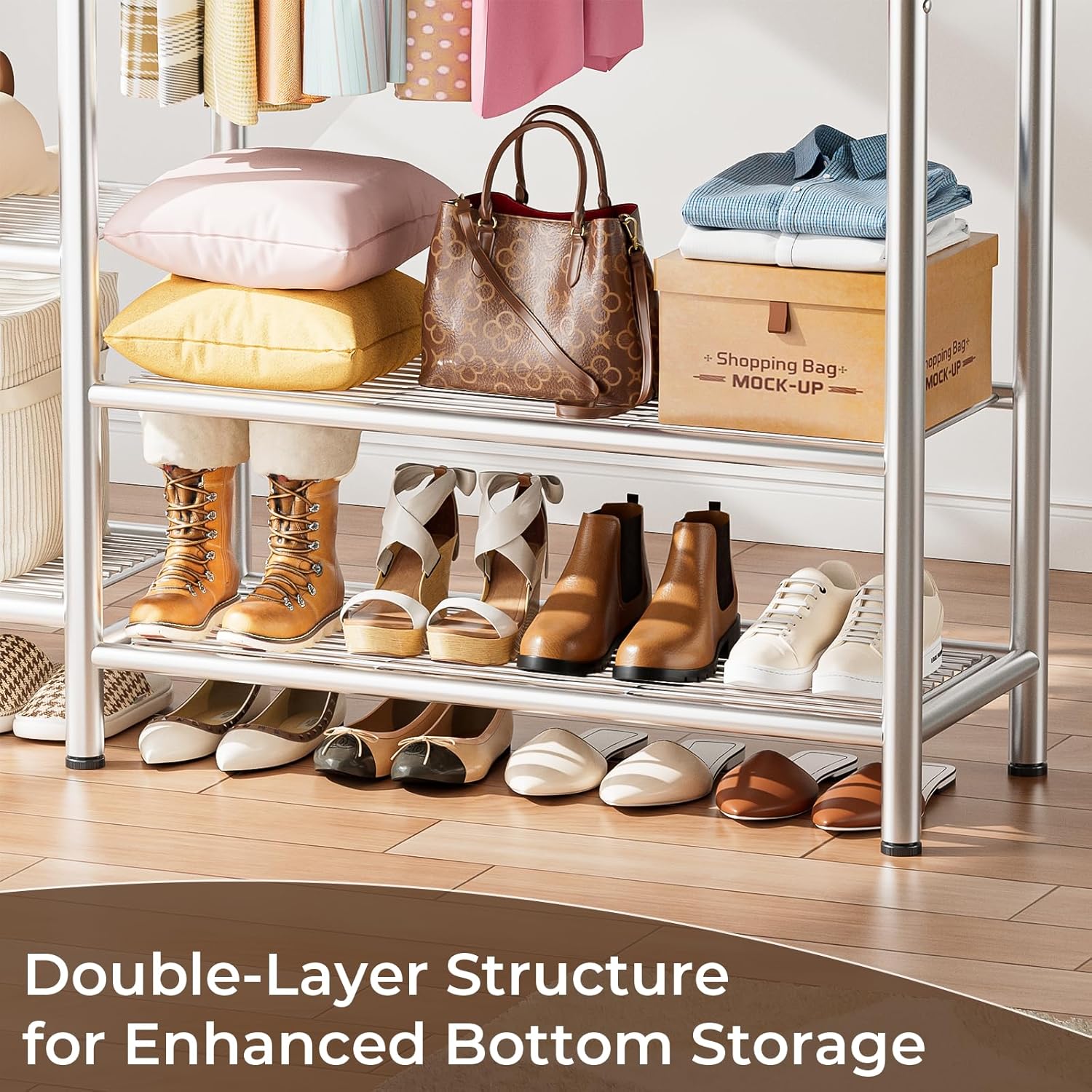 Heavy Duty Clothes Rack with 5 Tiers Shelves, Max Load 670LBS, Portable Freestanding Multi-Functional Metal Clothing Rack with Hanging Rods Organizer System for Bedroom Closet Wardrobe, Chrome