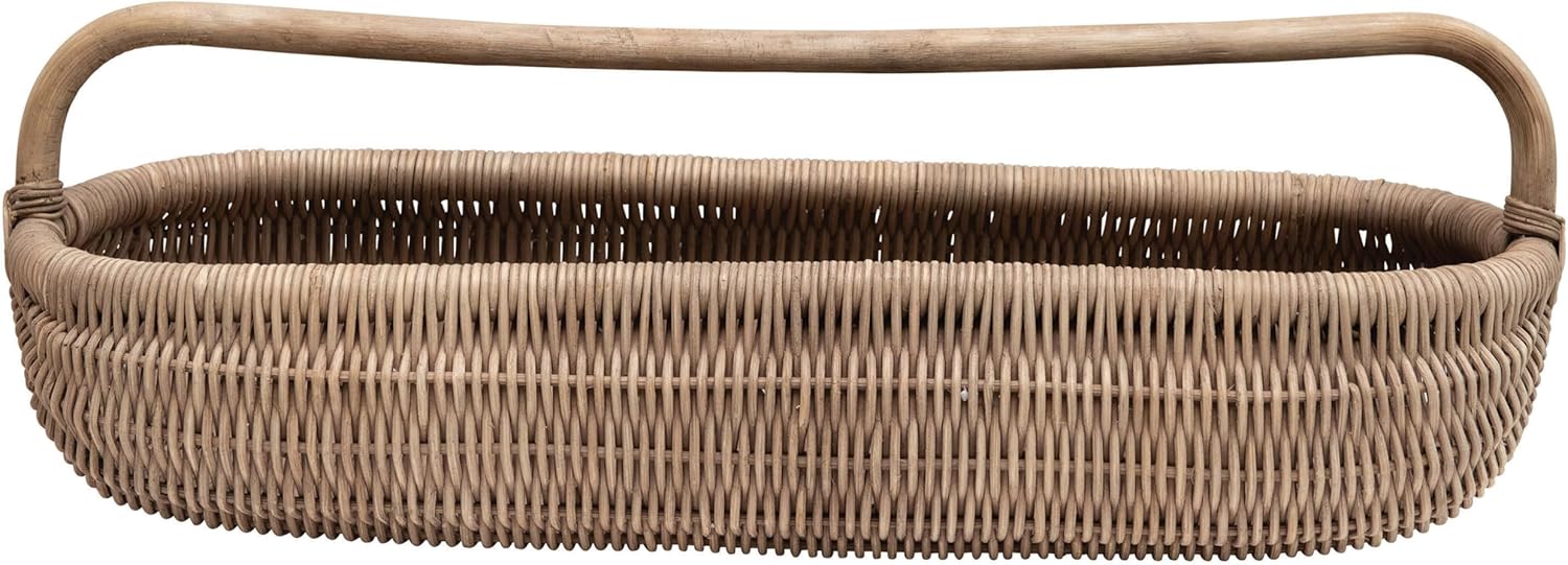 Hand-Woven Rattan Basket with Handle, Natural