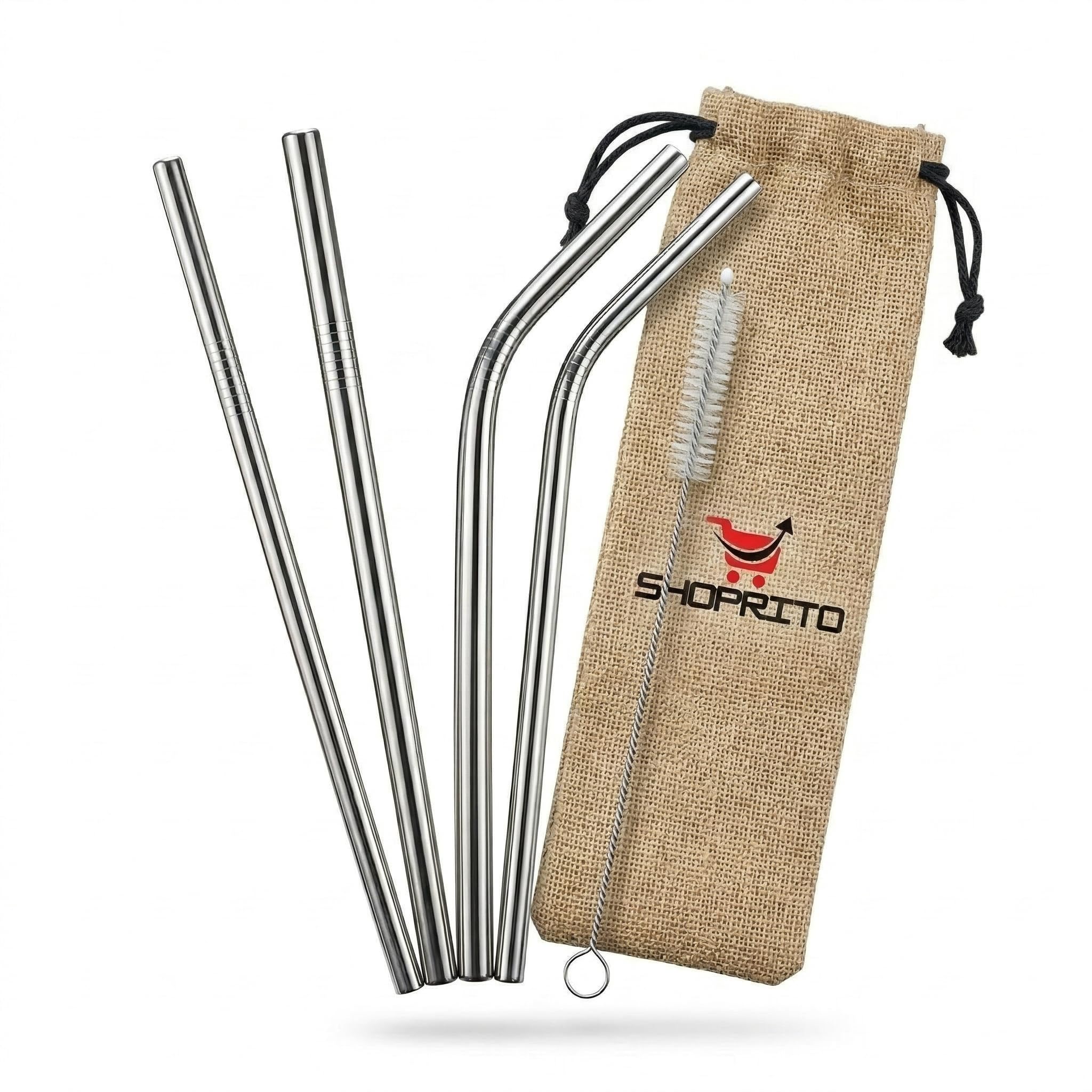 Stainless Steel Straw with Cleaner Brush and Jute Travel Carry Pouch SHOPRITO™, Eco-Friendly, Useful for Tumblers, Sippers & Water Bottles, (Pack of 4, Silver)-image-1