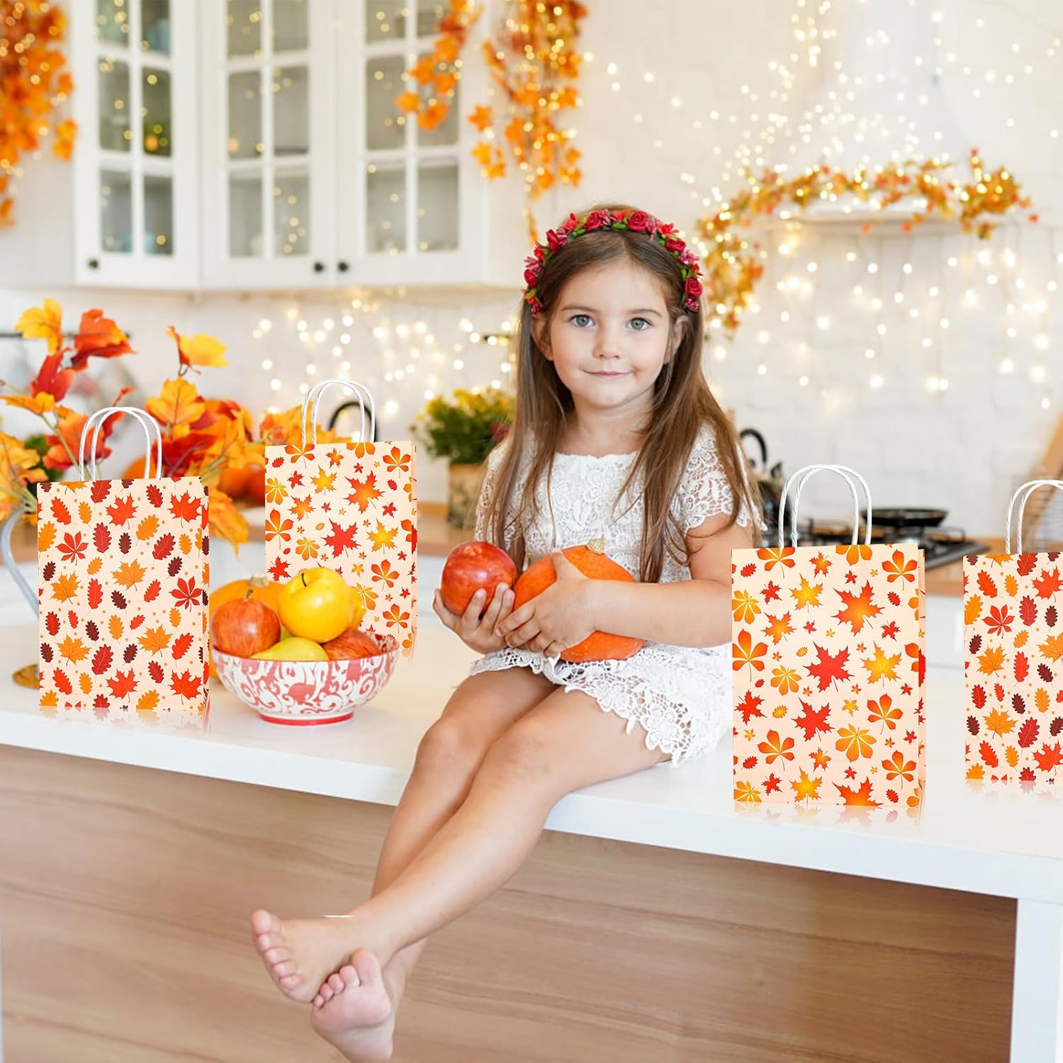 HOWAF Happy 12pcs Thanksgiving Gift Bags, Leaf Thanksgiving Holiday Treat Bags for Friendsgiving Supplies, Autumn Holiday Wedding Birthday Party Favors Candy Bags Goodie Bag