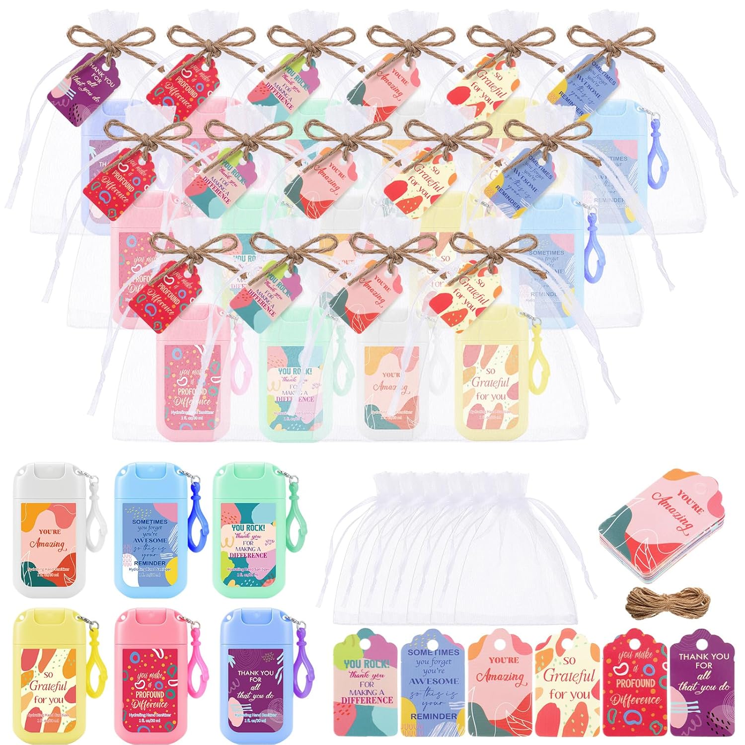 Frienda 24 Set Travel Size Hand Sanitizer Spray Bulk Portable Power Mist Thank You Mini Hand Sanitizer Employee Appreciation Day Gifts for Teacher Coworker Team Women's Day (Keychain,Pastel)