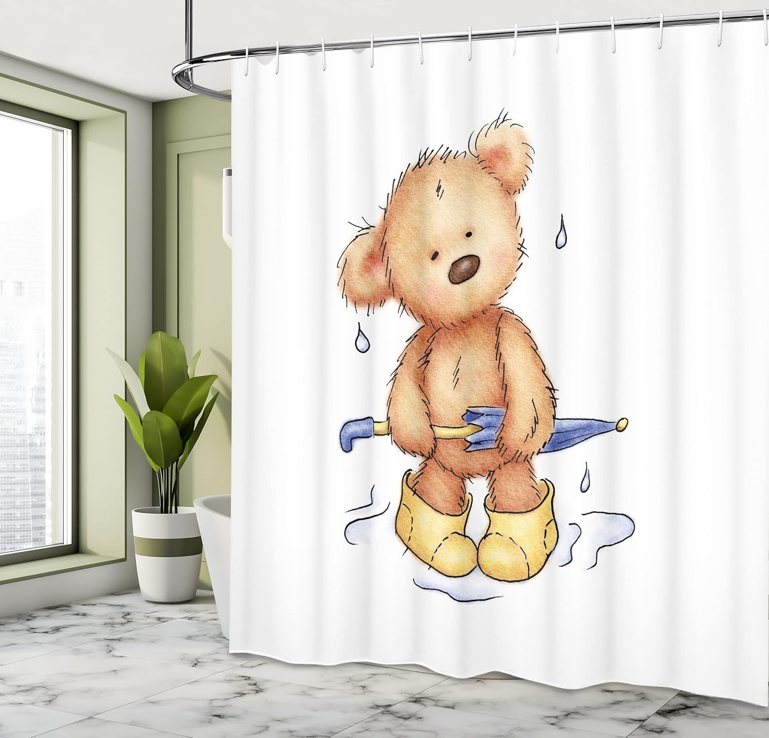 Ambesonne Bear Shower Curtain, Teddy Caught up in Rain Rubber Boots Holding an Umbrella Cartoon, Cloth Fabric Bathroom Decor Set with Hooks, 69" W x 70" L, Sand Brown Yellow Blue