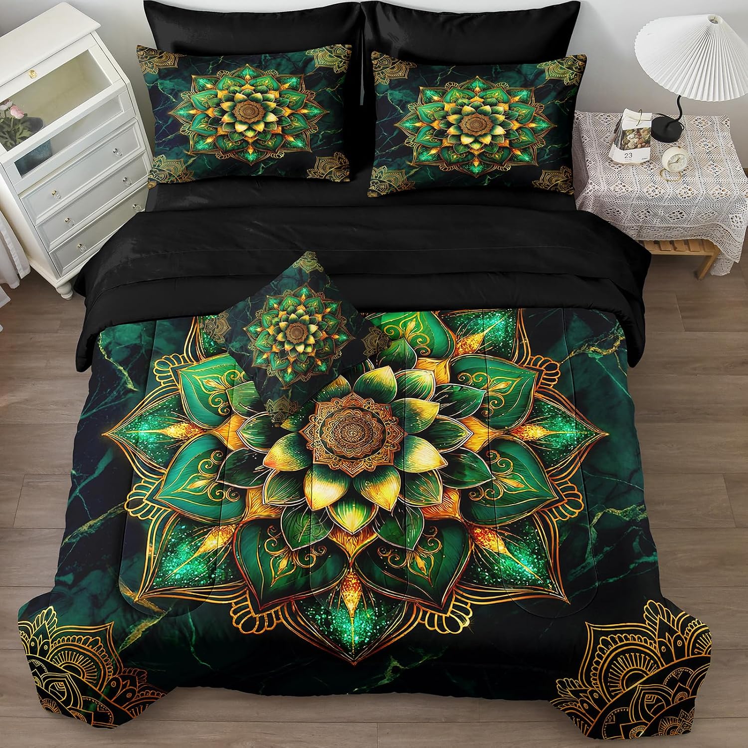 Bedorm Mandala Floral Comforter Set Queen Dark Green Marble Bed in A Bag Boho Chic Mandala Flower Exotic Bedroom Decor Extra Soft Cozy Marble Bedding Set with Comforter and Sheet Set image 2