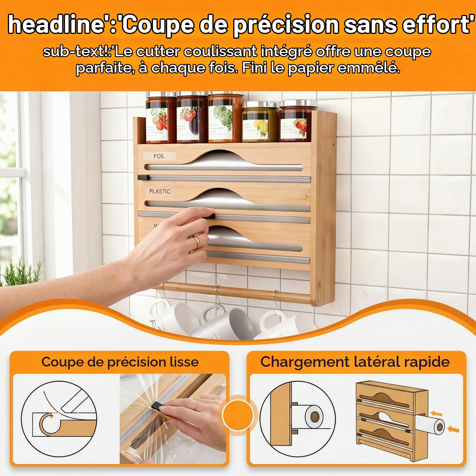 Distributeur Papier Aluminium Mural 5 en 1 Bambou Organisateur Cuisine