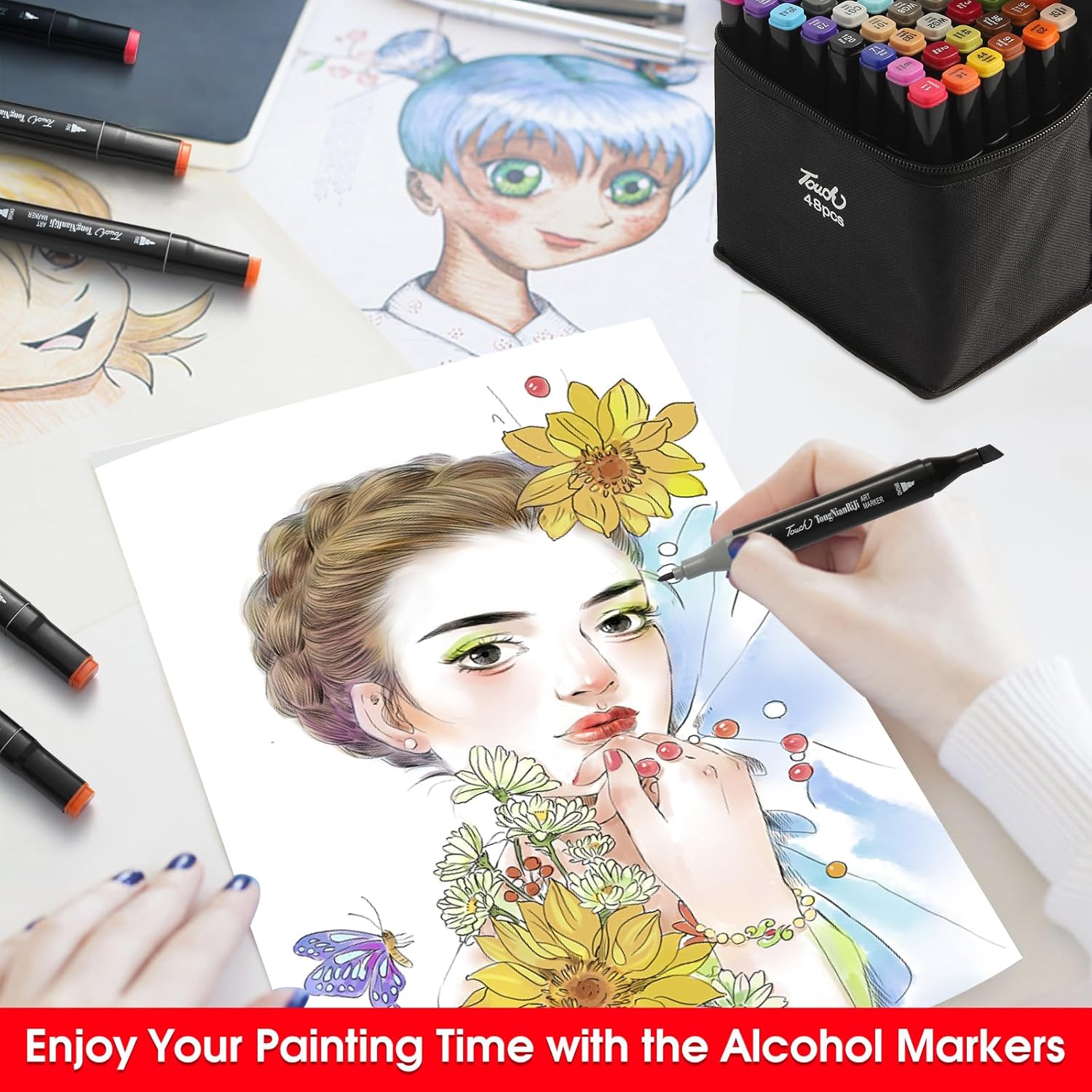 48 Colors Dual Tips Alcohol Markers, Permanent Sketch Art Markers Pens Set with Pen Holder for Kids Adults Coloring,Painting, Sketching, Illustrations - Image 3