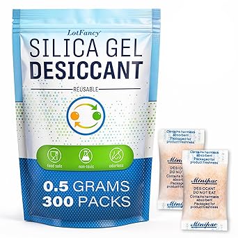 LotFancy Silica Gel Packets 0.5g 300 Pack, Color Indicating Desiccant Packs, Moisture Absorber for Spice Jars, Seed Storage, Jewelry, Electronics & Small Containers