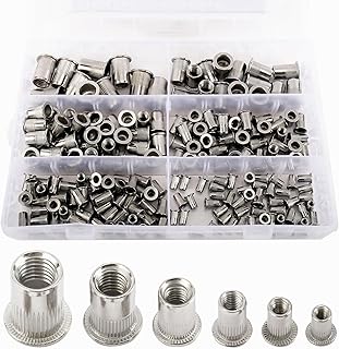 AuInn 205PCS 304 Stainless Steel Rivet Nut Assort Set Flat Head Threaded Rivetnut Insert Metric Rivet Nuts M3/M4/M5/M6/M8/M10