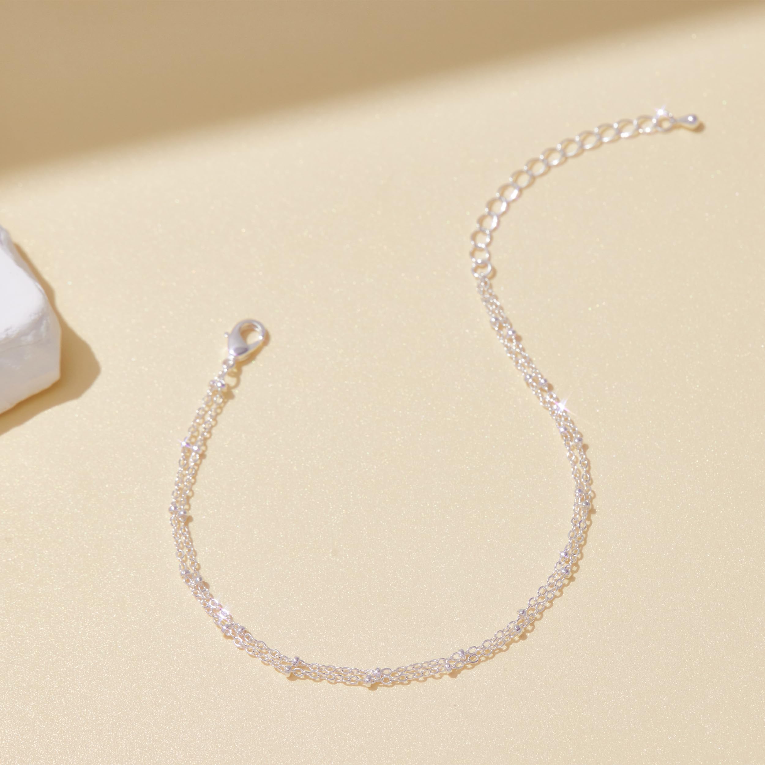 Poxtex Tobilleras de plata de ley para mujer, impermeables, chapadas en plata 925, circonita cúbica y dije de corazón, tobilleras de capa delicada para mujer, modernas, simples, juego de tobilleras de