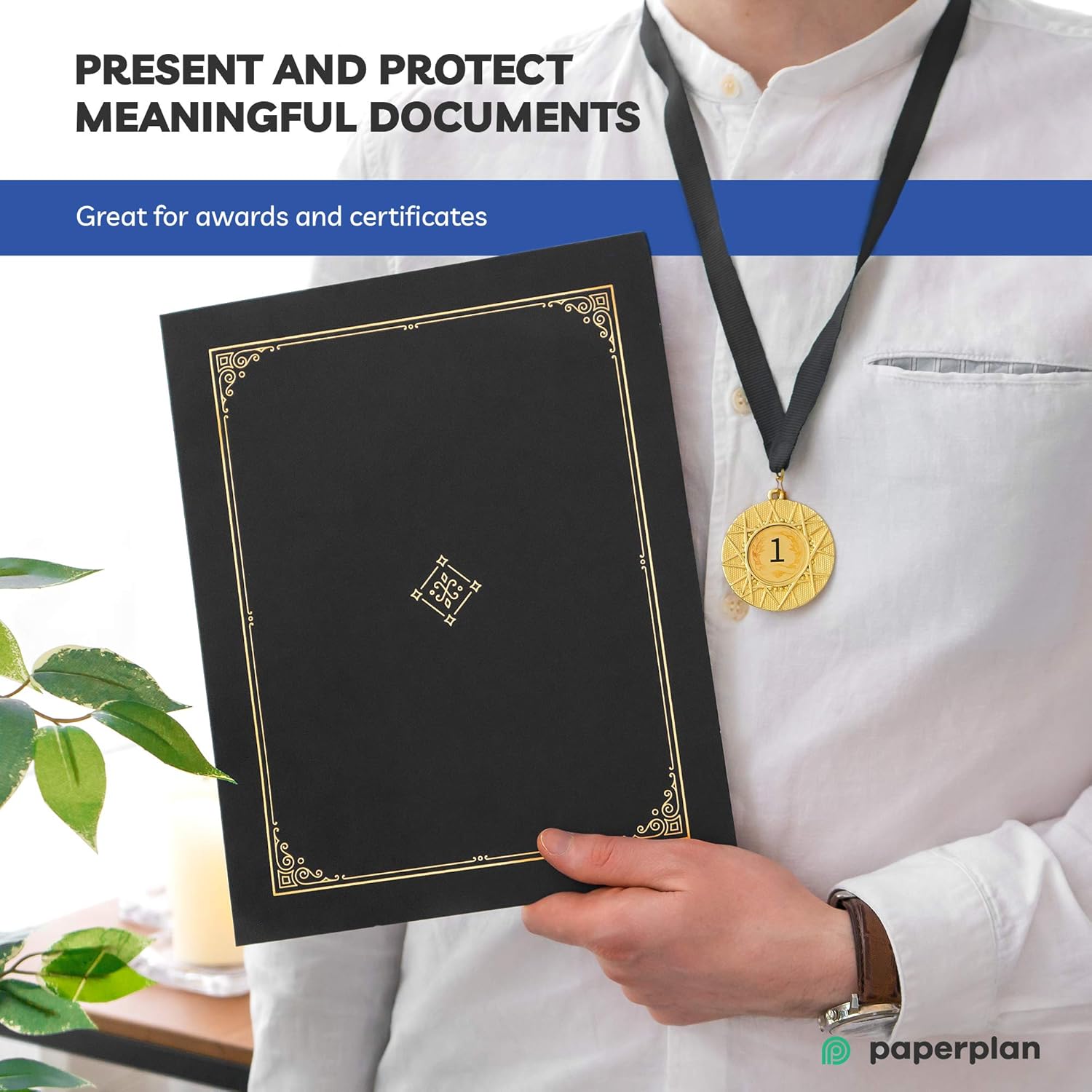 (30 Count) Black Certificate Holders 8.5 x 11" - Gold Foil Border, Die Cut Corner Slots, Reinforced Edges - Protect and Secure Graduation Diploma, Recognition, Award, Documents // Paper Plan : Office Products